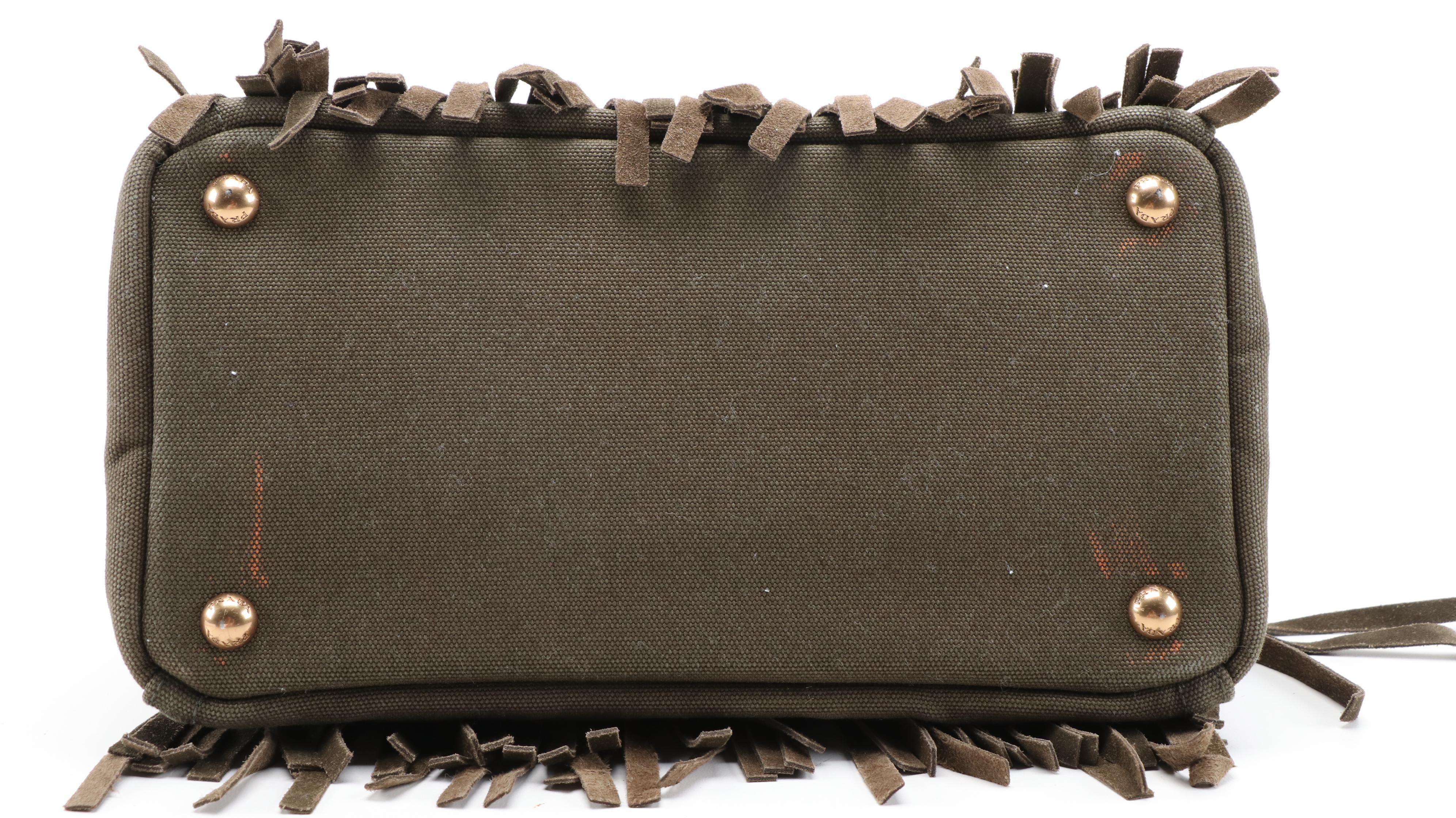 Prada Grommet Leather Fringe Handbag in Dark Olive Green Canapa Canvas