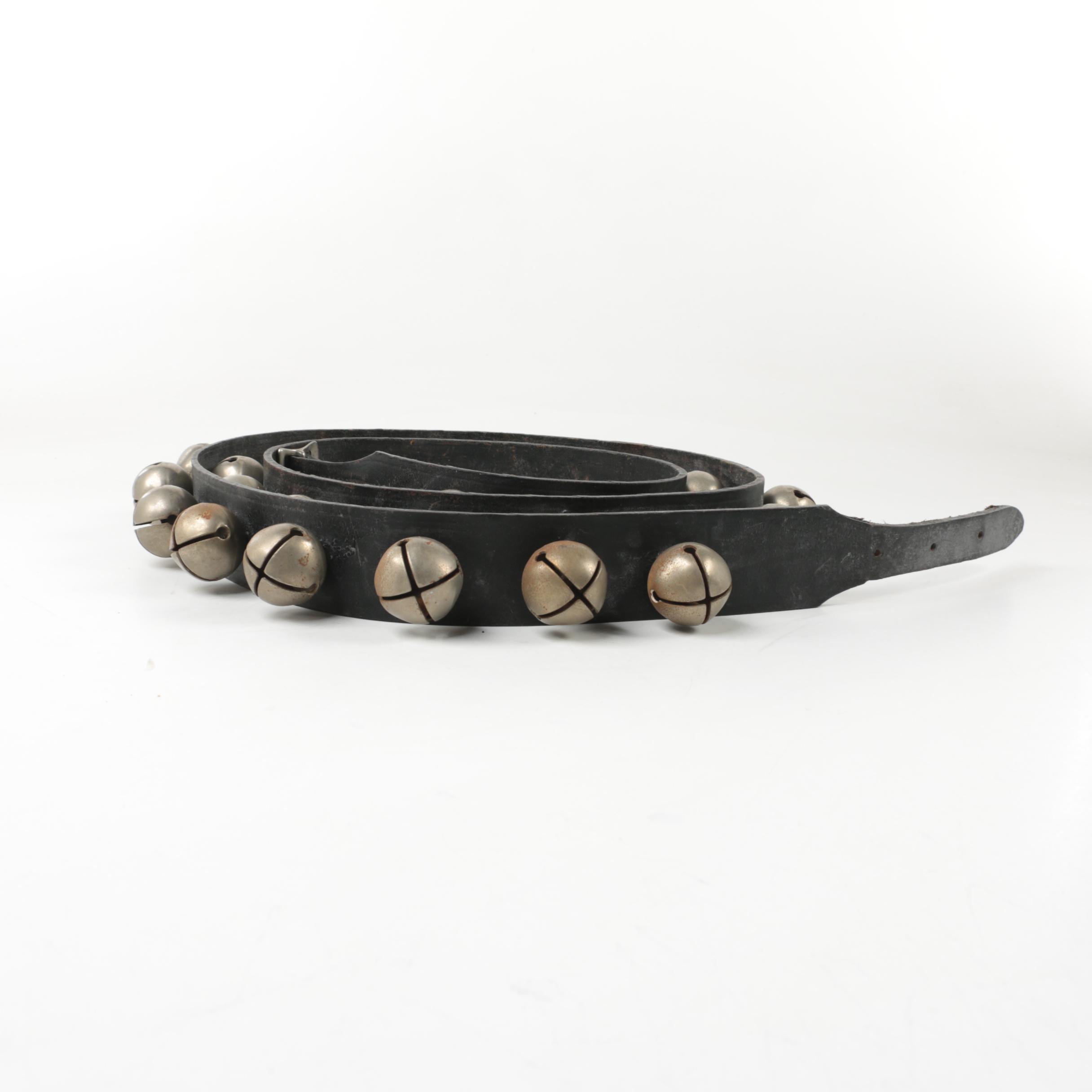 Set of Thirty Sleigh Bells on Dark Brown Leather Strap with Buckle, 20th Century