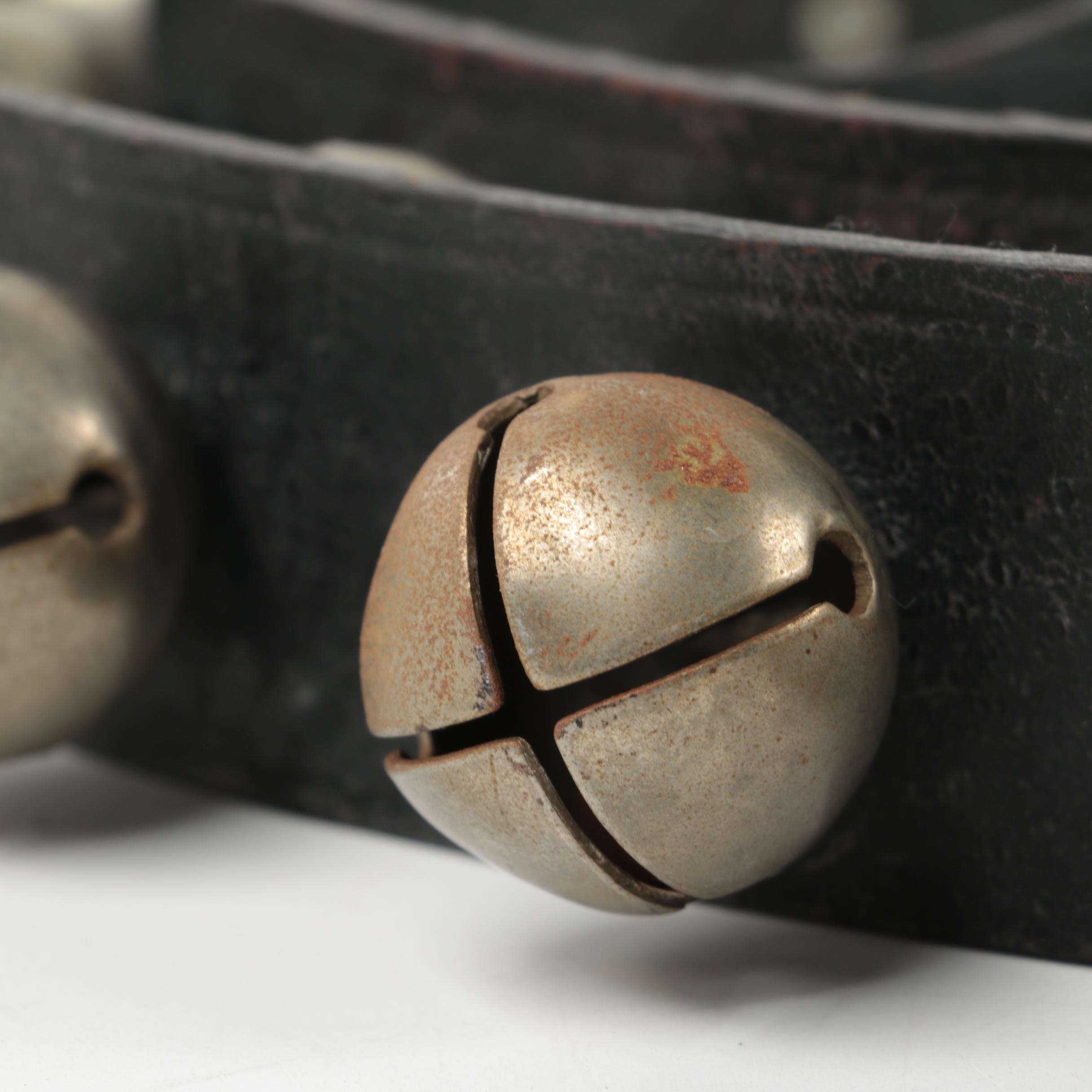 Set of Thirty Sleigh Bells on Dark Brown Leather Strap with Buckle, 20th Century