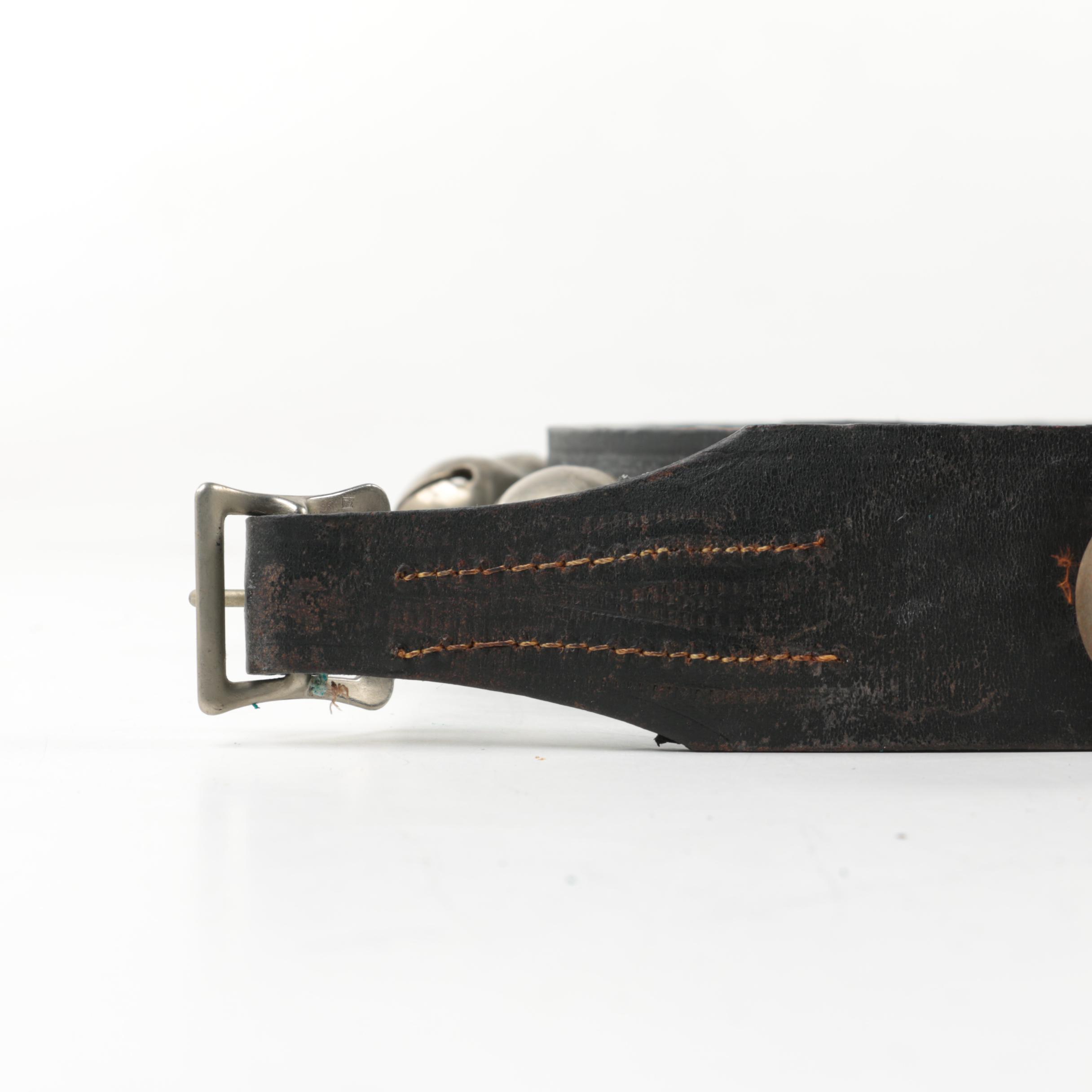 Set of Thirty Sleigh Bells on Dark Brown Leather Strap with Buckle, 20th Century