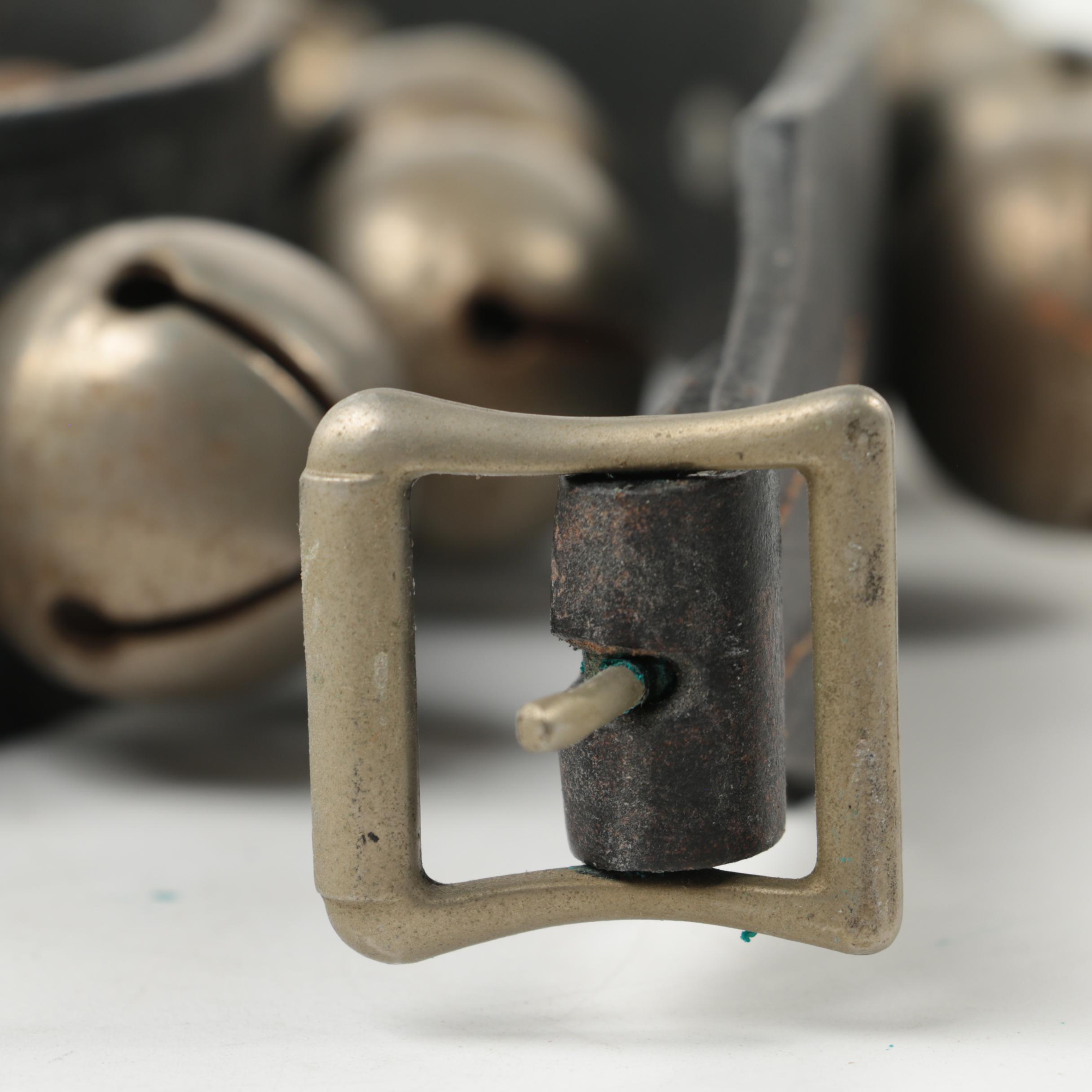 Set of Thirty Sleigh Bells on Dark Brown Leather Strap with Buckle, 20th Century