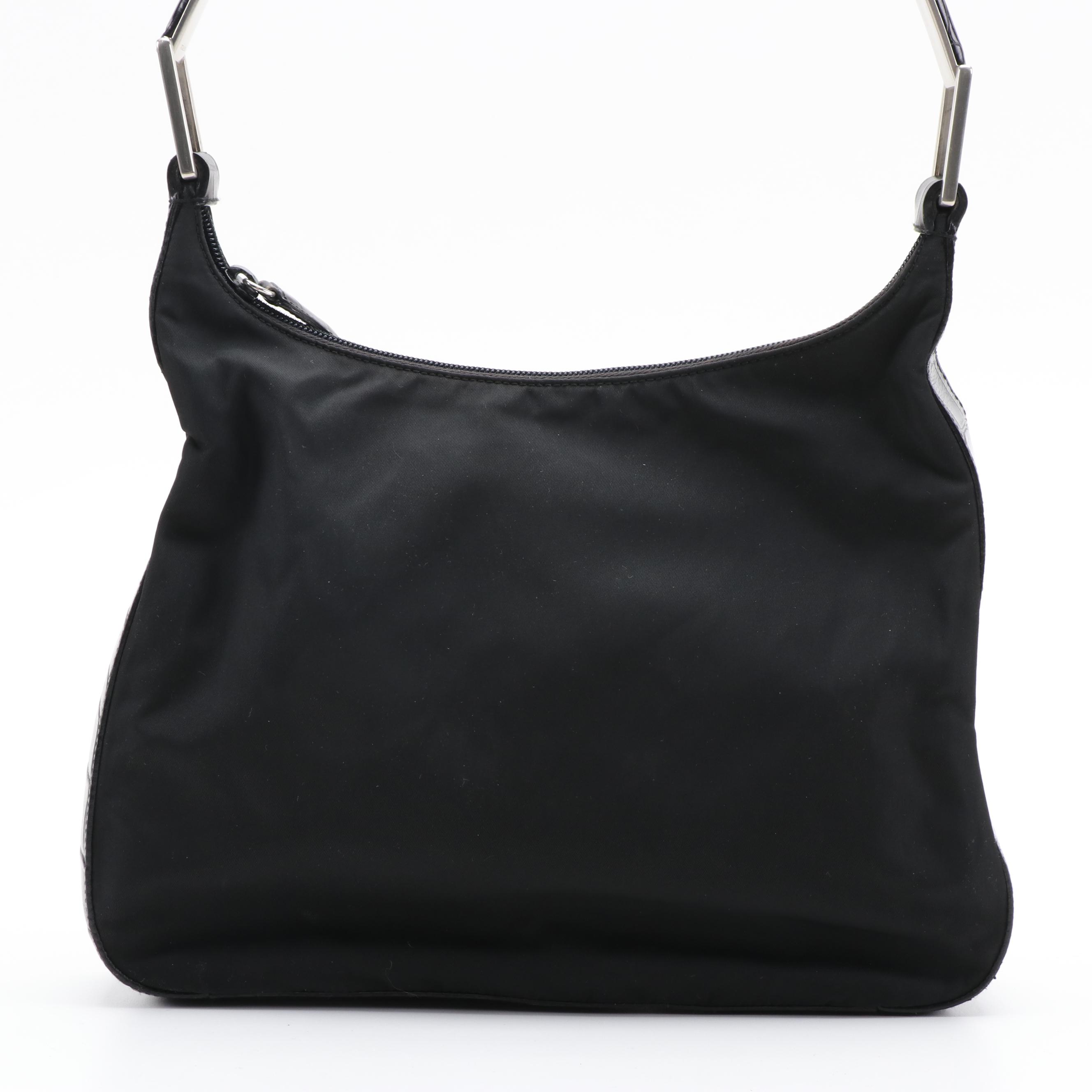 Prada Black Nylon and Croc Embossed Leather Hobo Bag with Silver Tone Handle