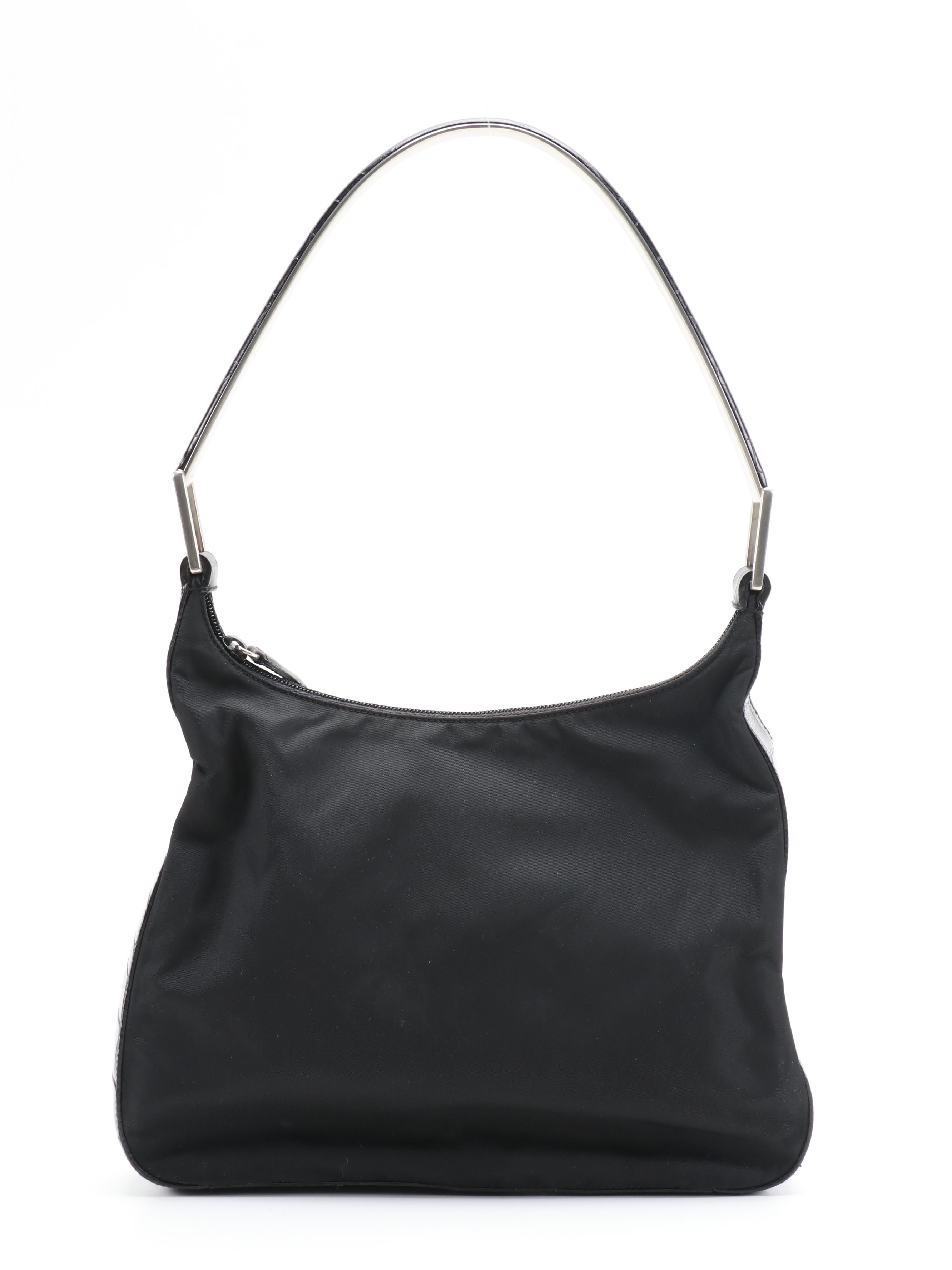 Prada Black Nylon and Croc Embossed Leather Hobo Bag with Silver Tone Handle