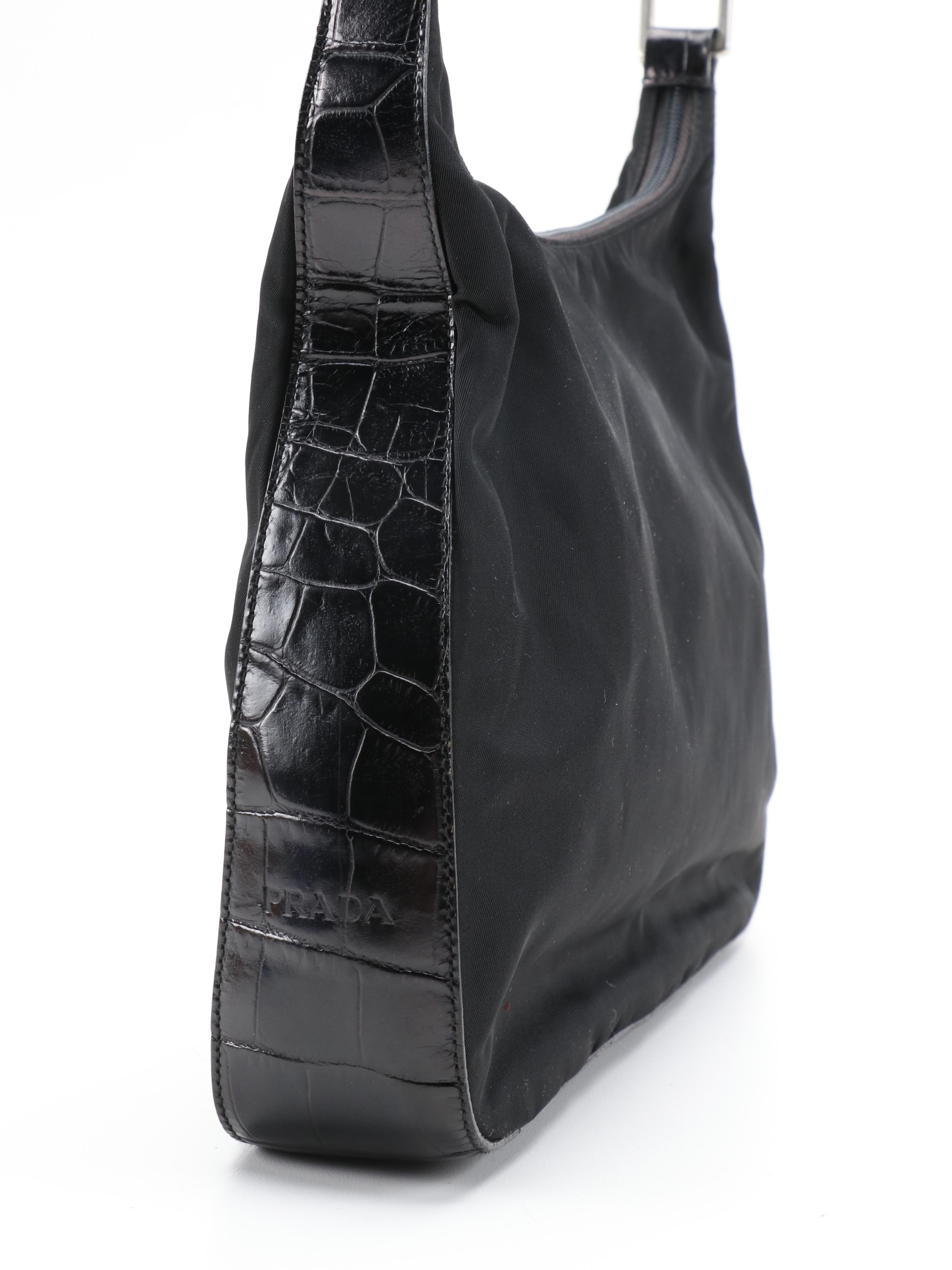 Prada Black Nylon and Croc Embossed Leather Hobo Bag with Silver Tone Handle