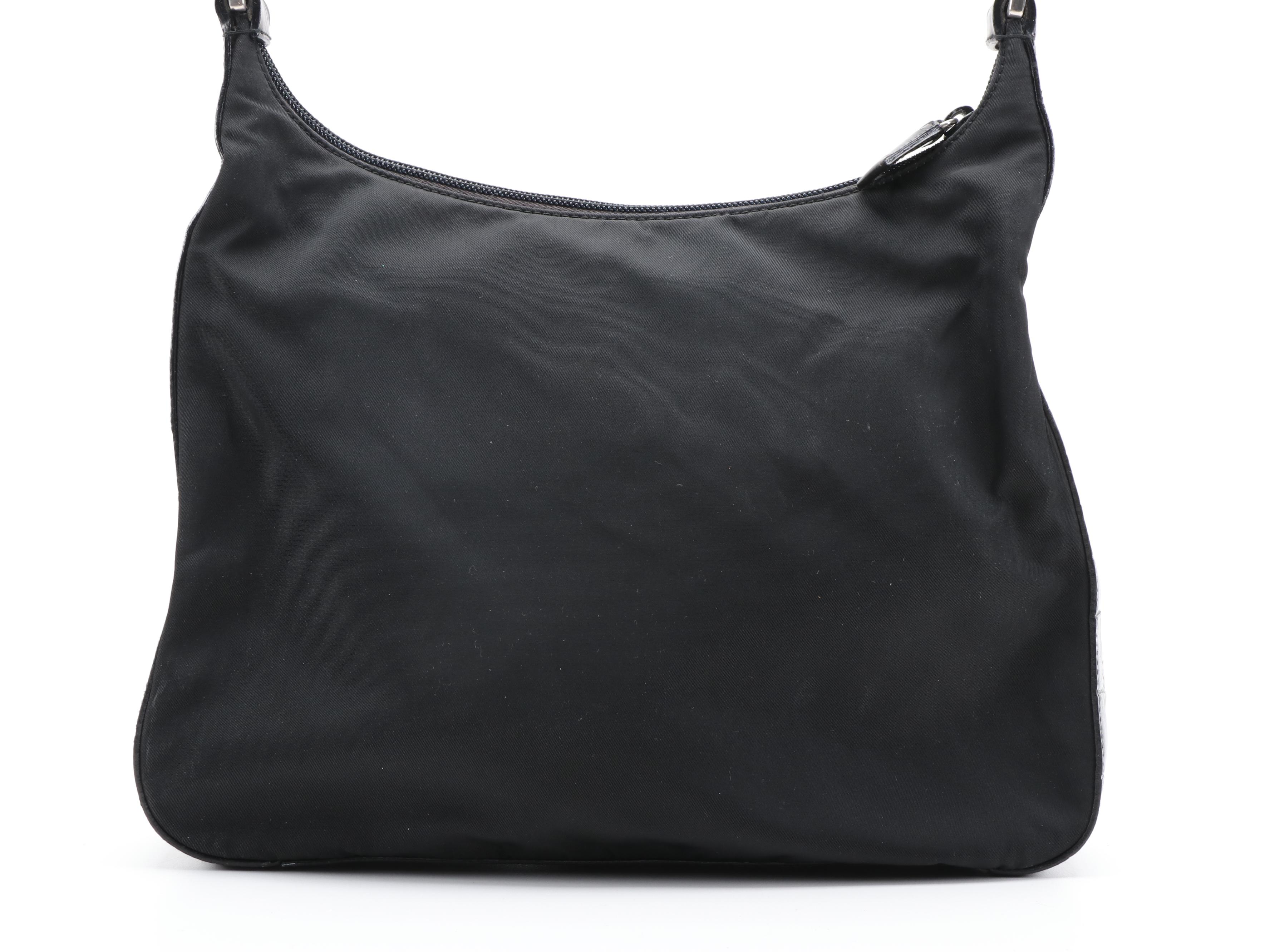 Prada Black Nylon and Croc Embossed Leather Hobo Bag with Silver Tone Handle