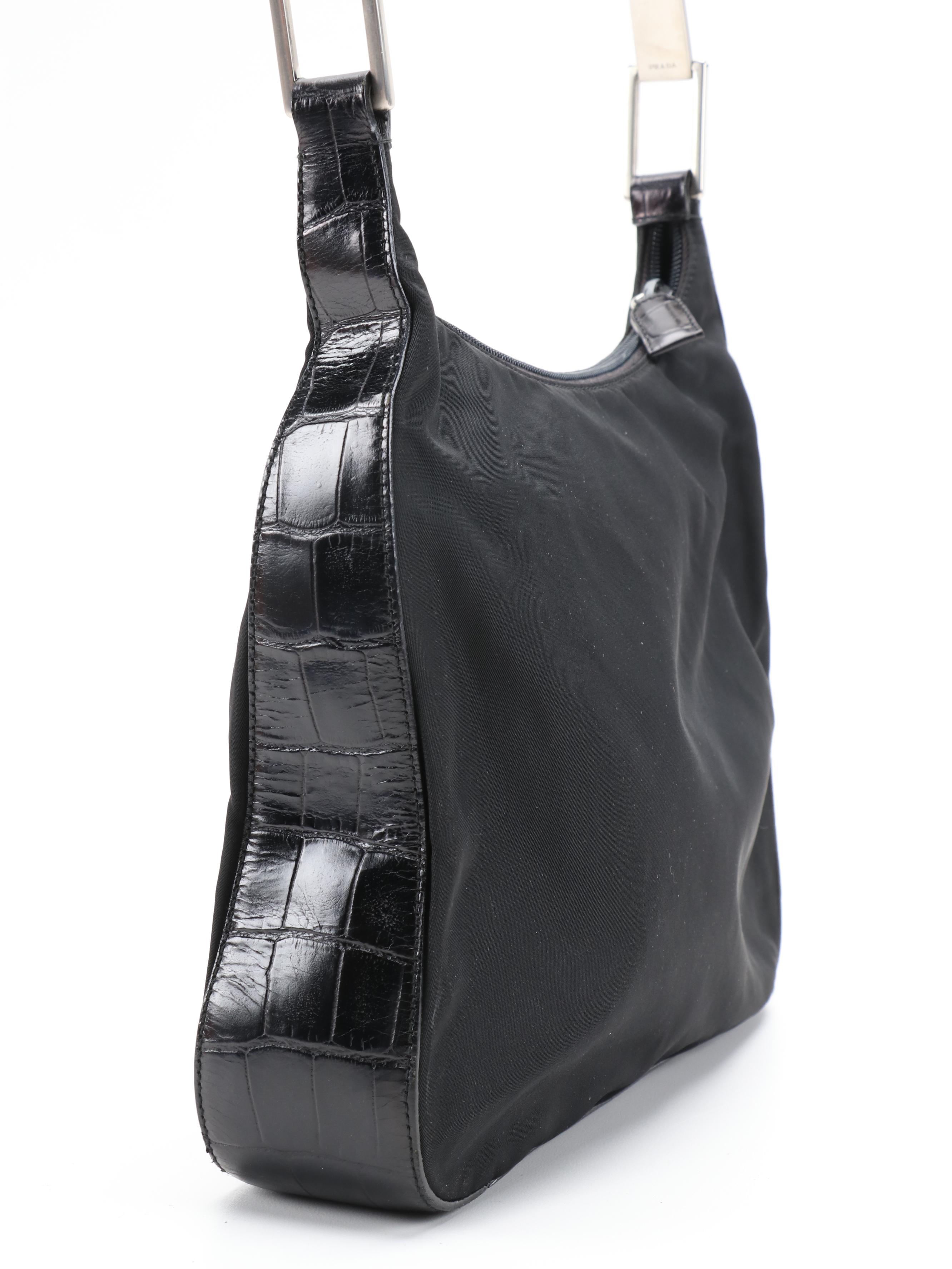 Prada Black Nylon and Croc Embossed Leather Hobo Bag with Silver Tone Handle