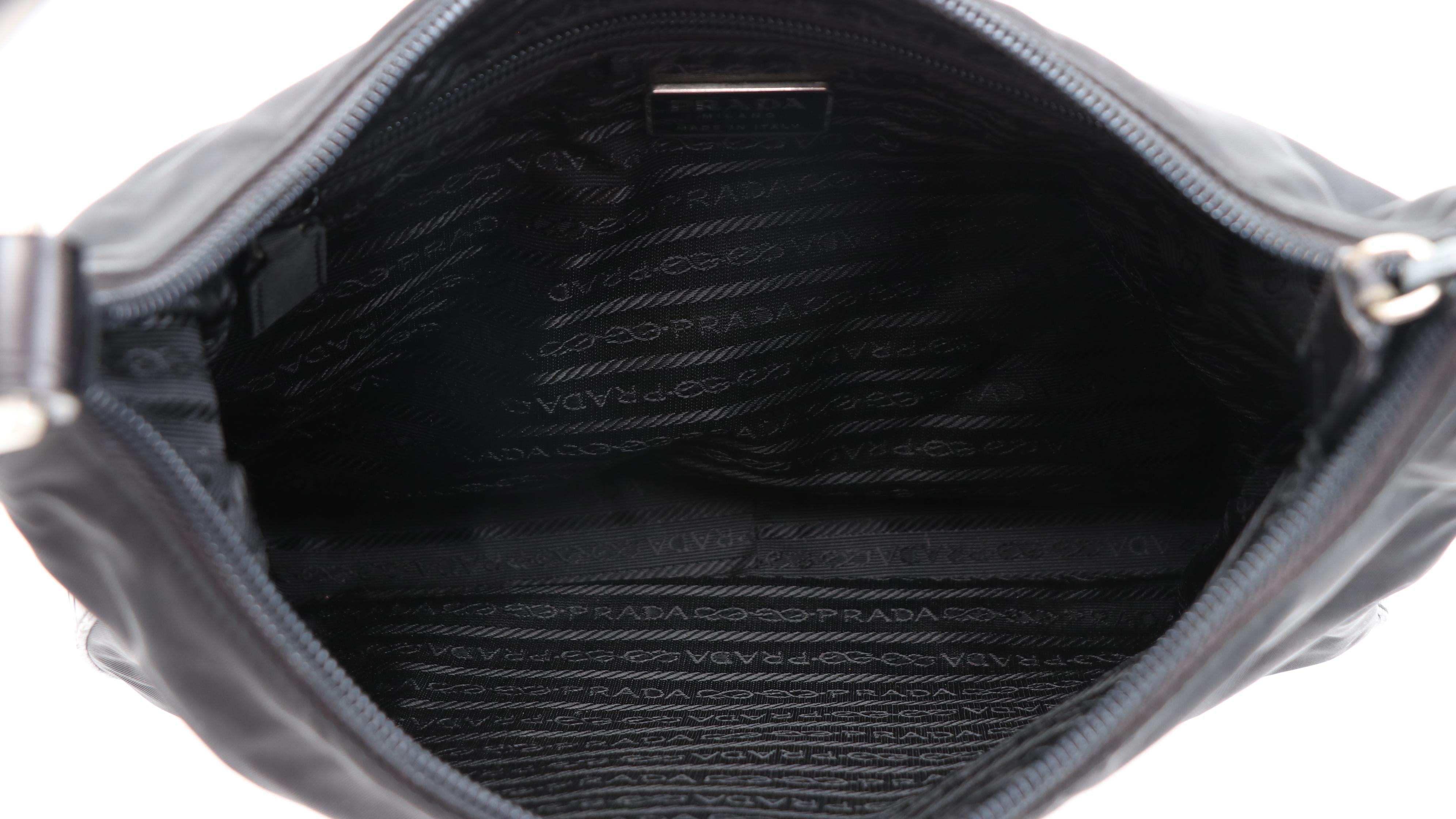 Prada Black Nylon and Croc Embossed Leather Hobo Bag with Silver Tone Handle