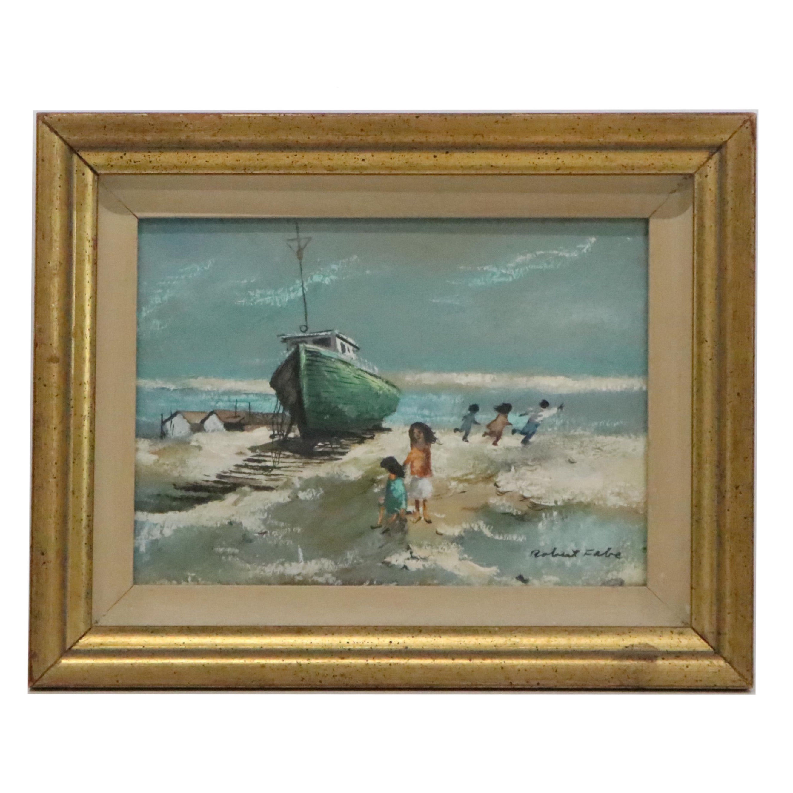 Robert Fabe Coastal Scene Tempera Painting, Mid to Late 20th Century