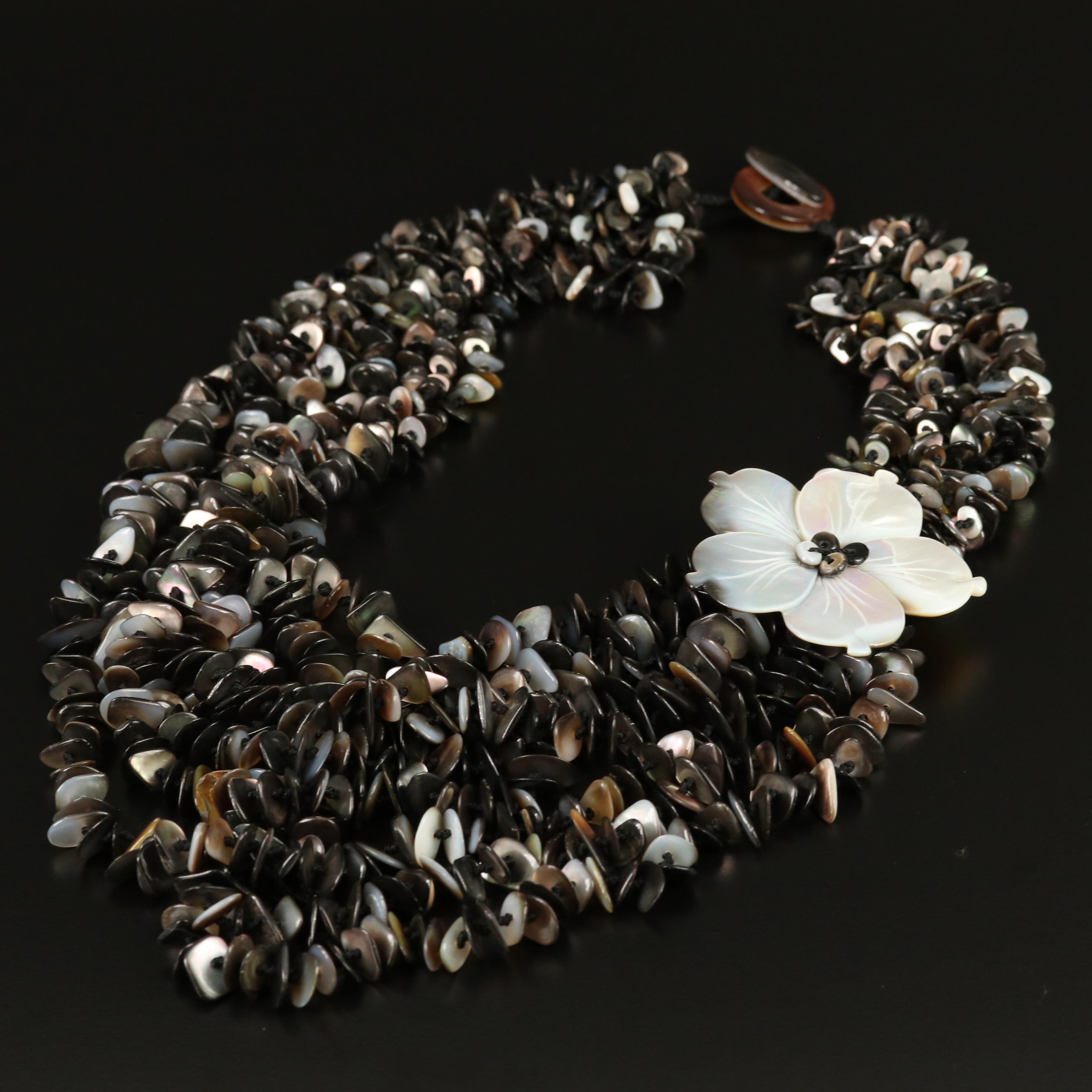 Mother of Pearl and Shell Multi-Strand Floral Necklace
