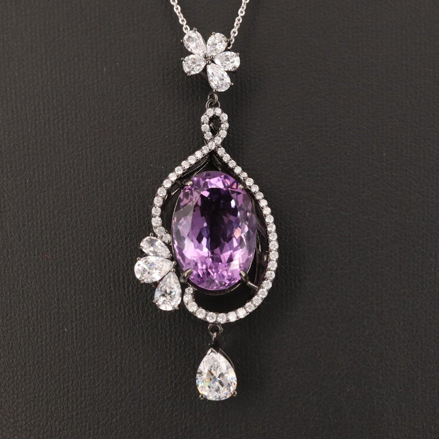 Sterling Silver Amethyst and Cubic Zirconia Drop Pendant Necklace