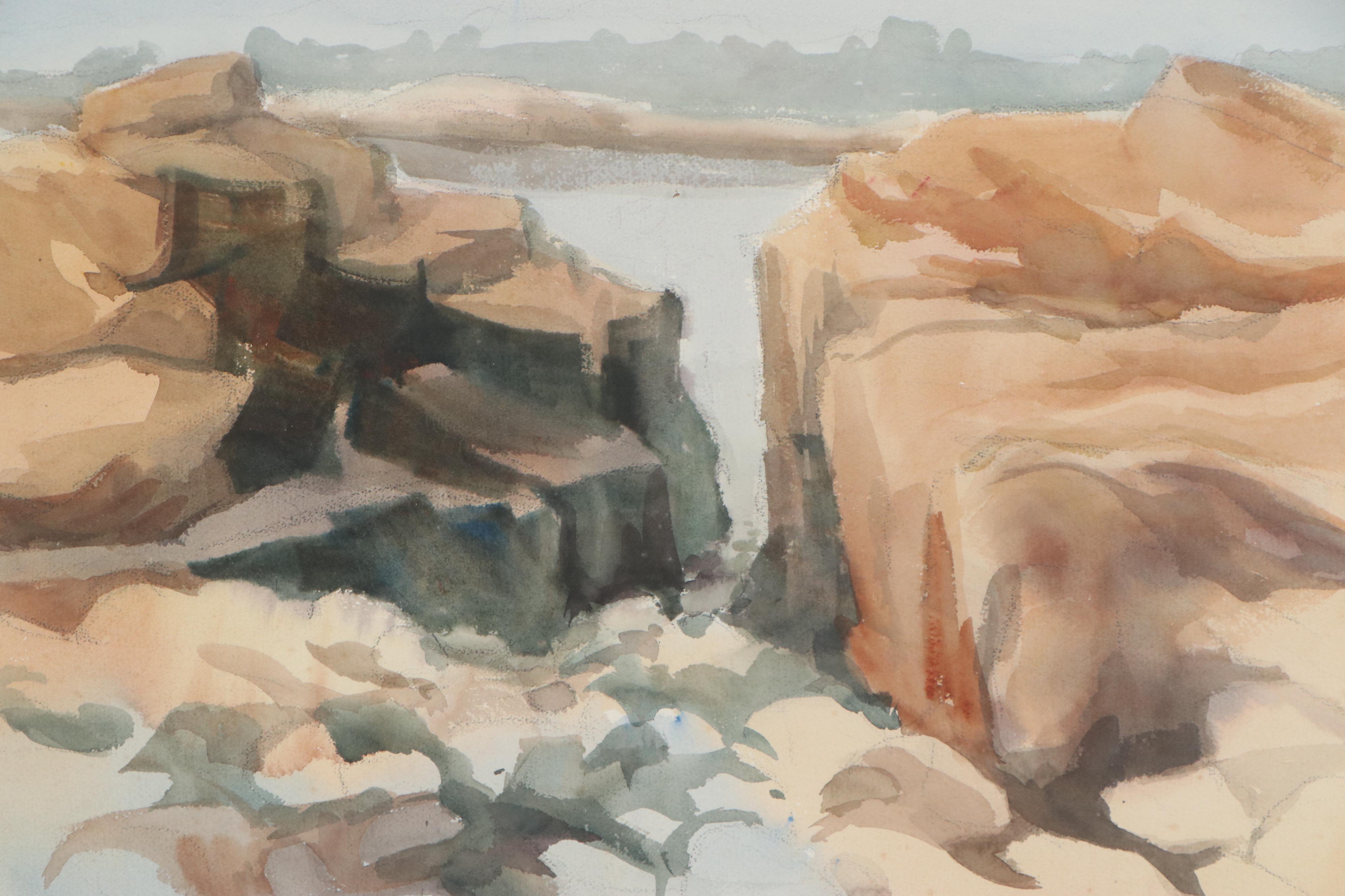 Stanley Rames Watercolor Painting of Rocky Landscape, Late 20th Century