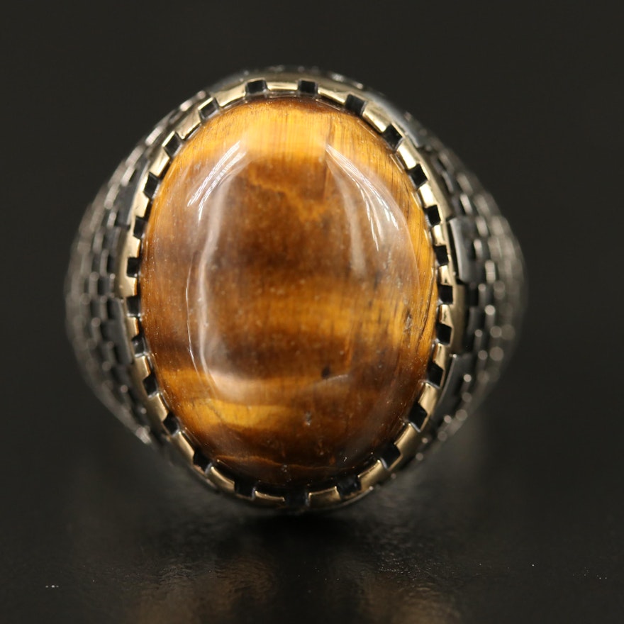 Sterling Tiger's Eye Ring with Checkered Motif Shoulders