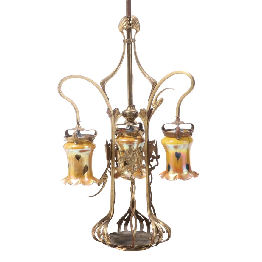 Large Brass Chandelier with Favrile Style Iridescent Art Glass Shades