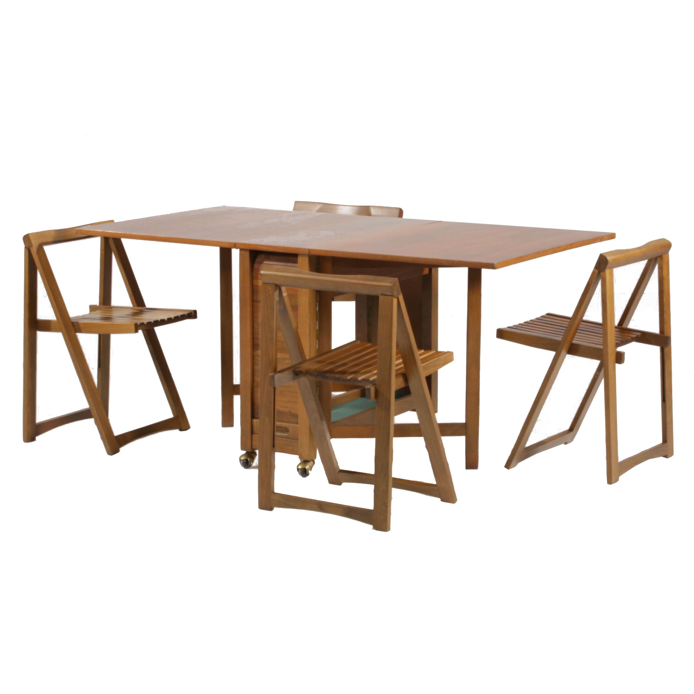 Mid Century Modern Gate-Leg Storage Table Five-Piece Set with Folding Chairs