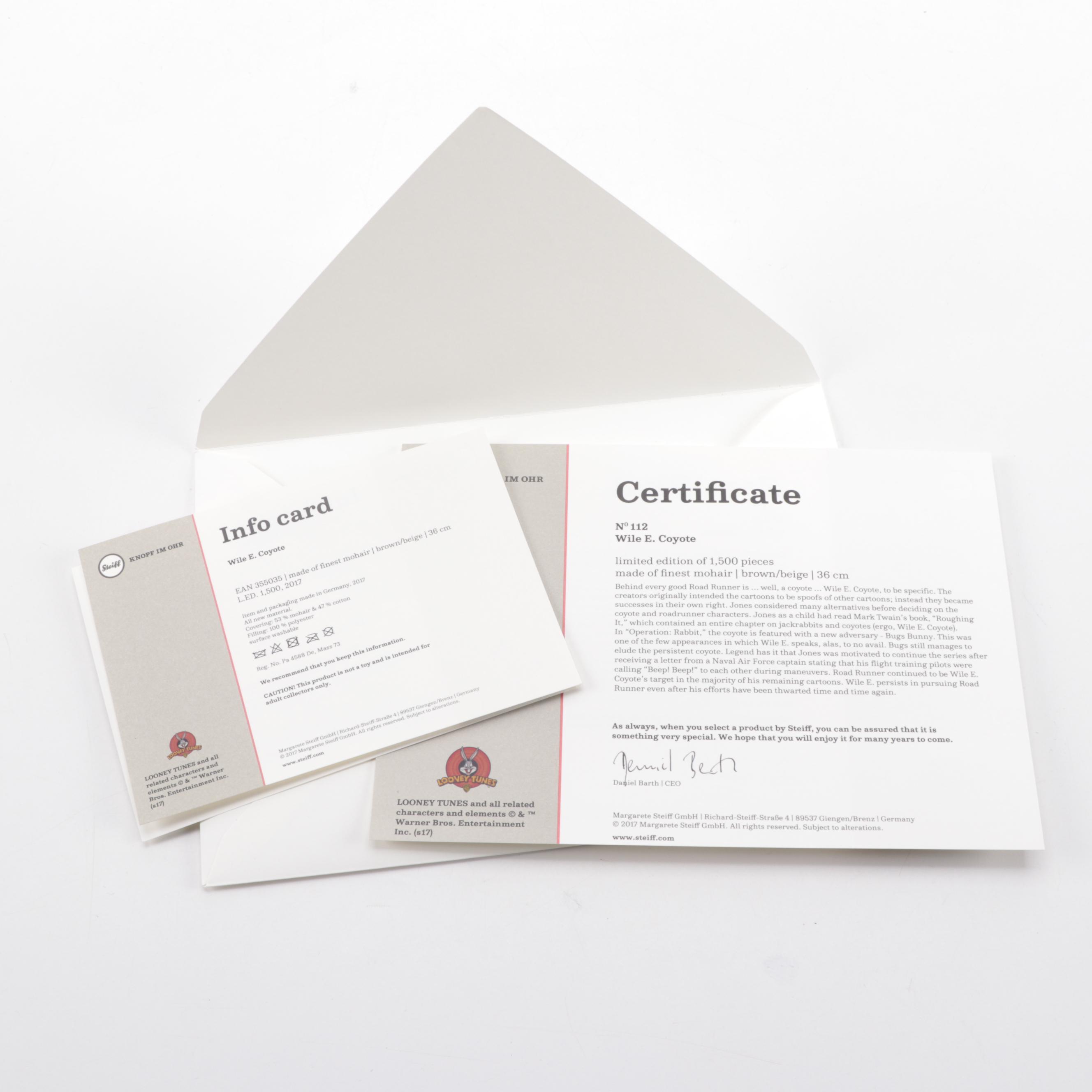 Steiff Wile E. Coyote Stuffed Animal COA