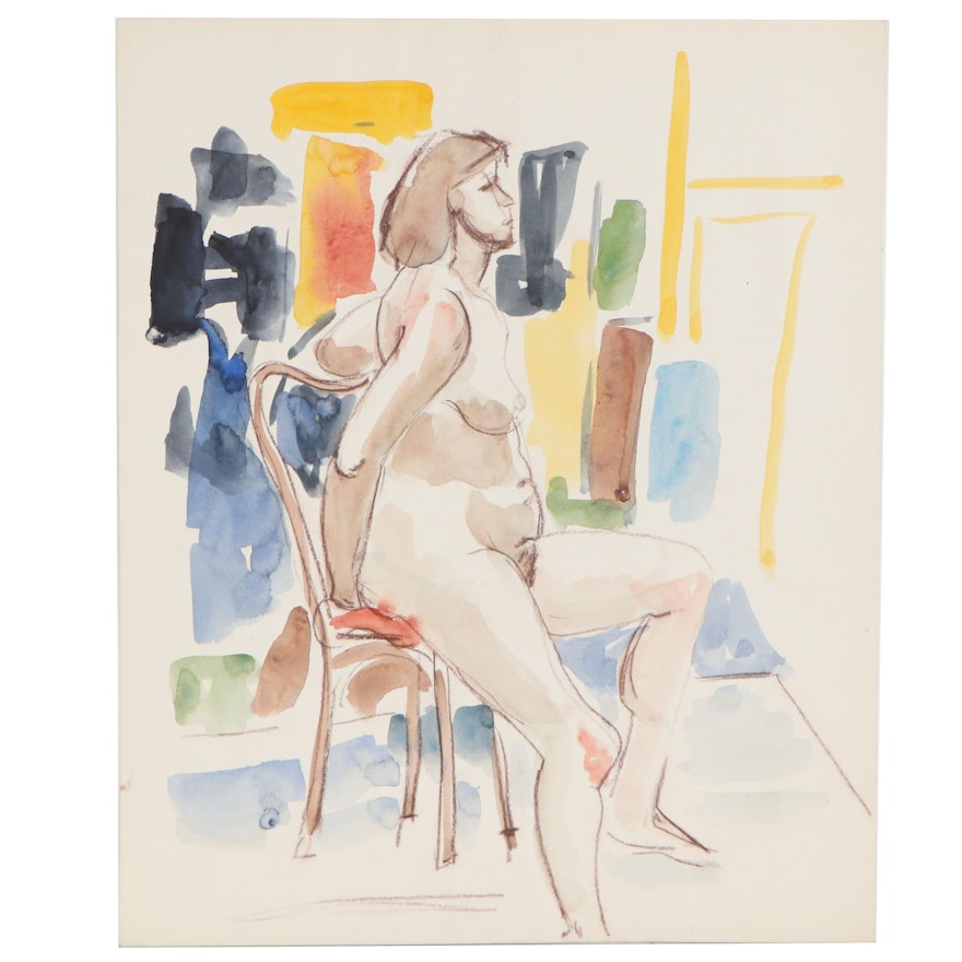 Yolanda Fusco Watercolor Painting Figure Study, Mid to Late 20th Century