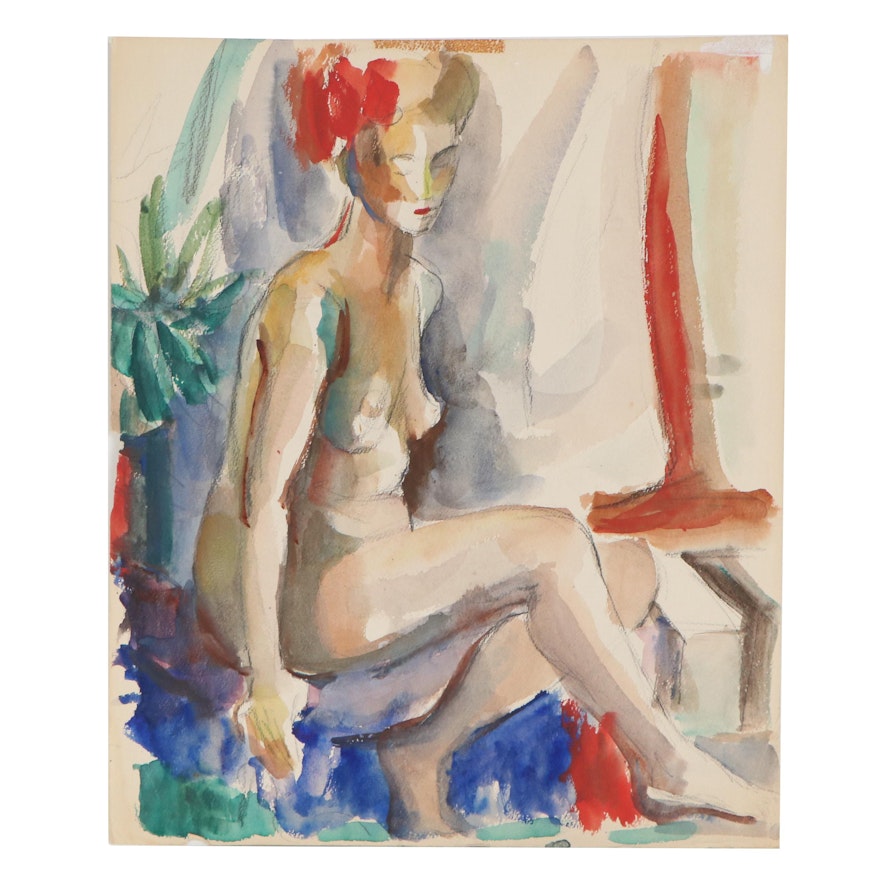 Yolanda Fusco Figure Study Watercolor Painting, Mid to Late 20th Century