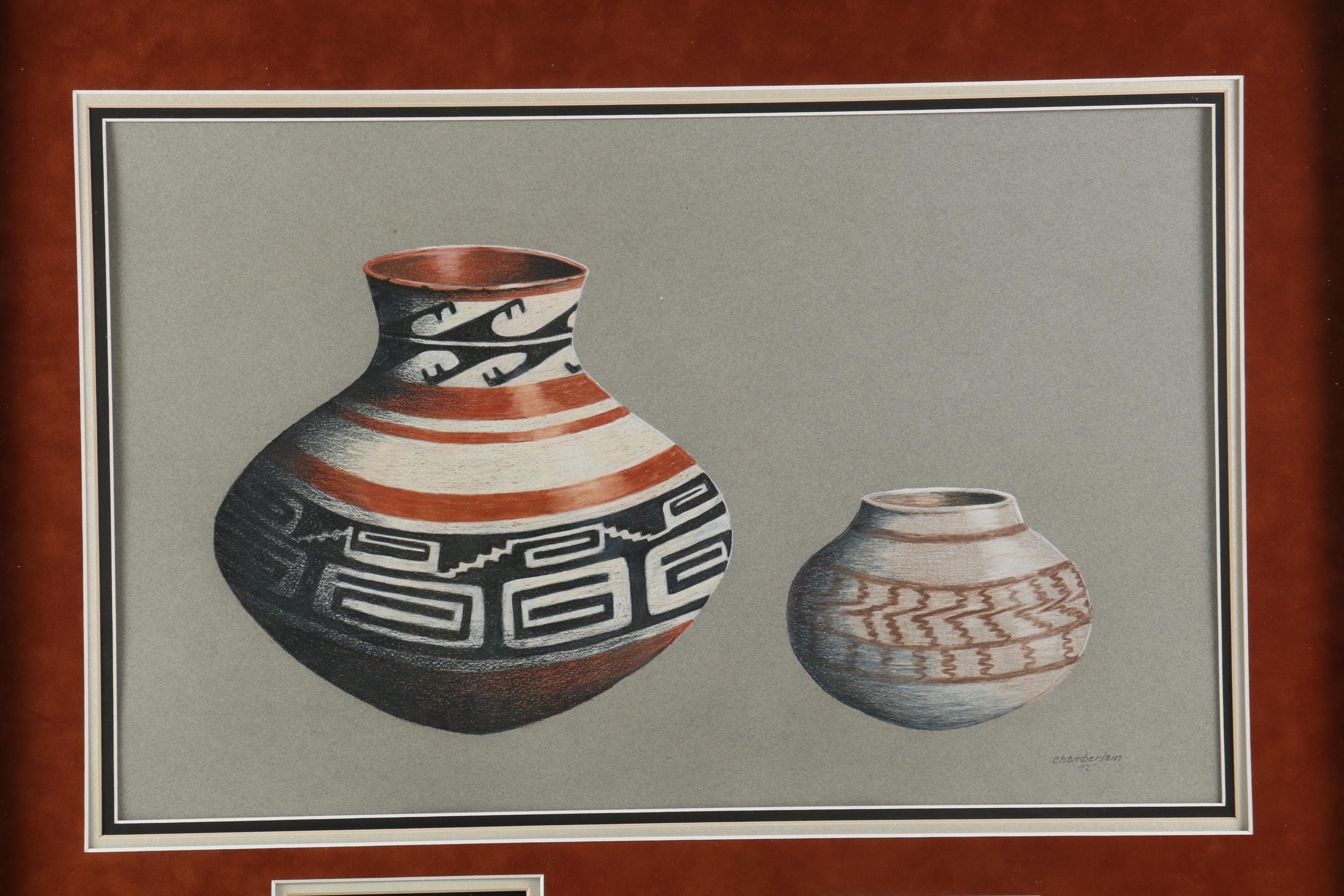 Colored Pencil Drawing and Pottery Shards of Native American Bowls