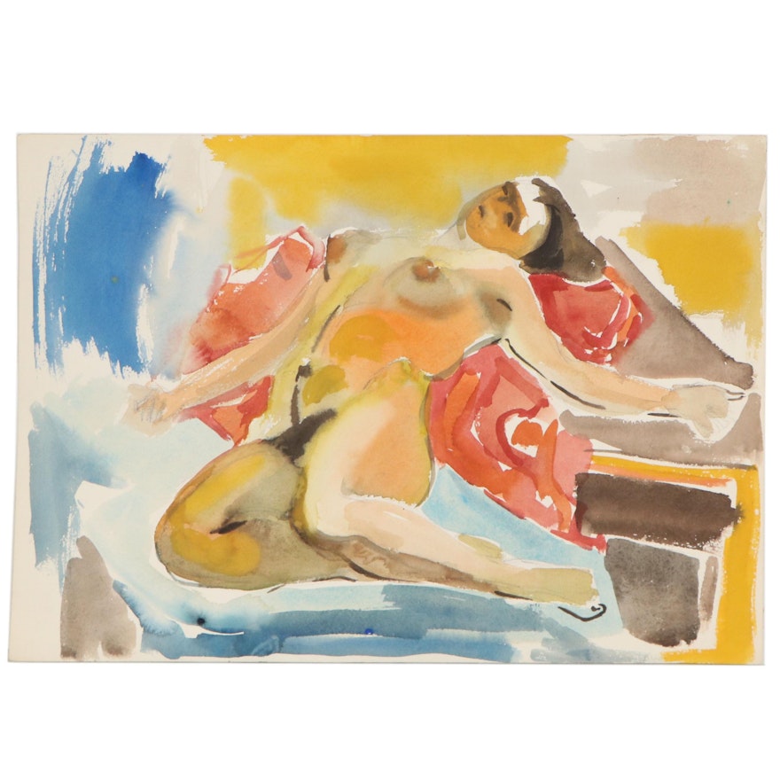 Yolanda Fusco Watercolor Painting Figure Study, Mid to Late 20th Century