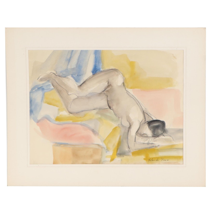 Yolanda Fusco Watercolor Painting Figure Study, Mid to Late 20th Century