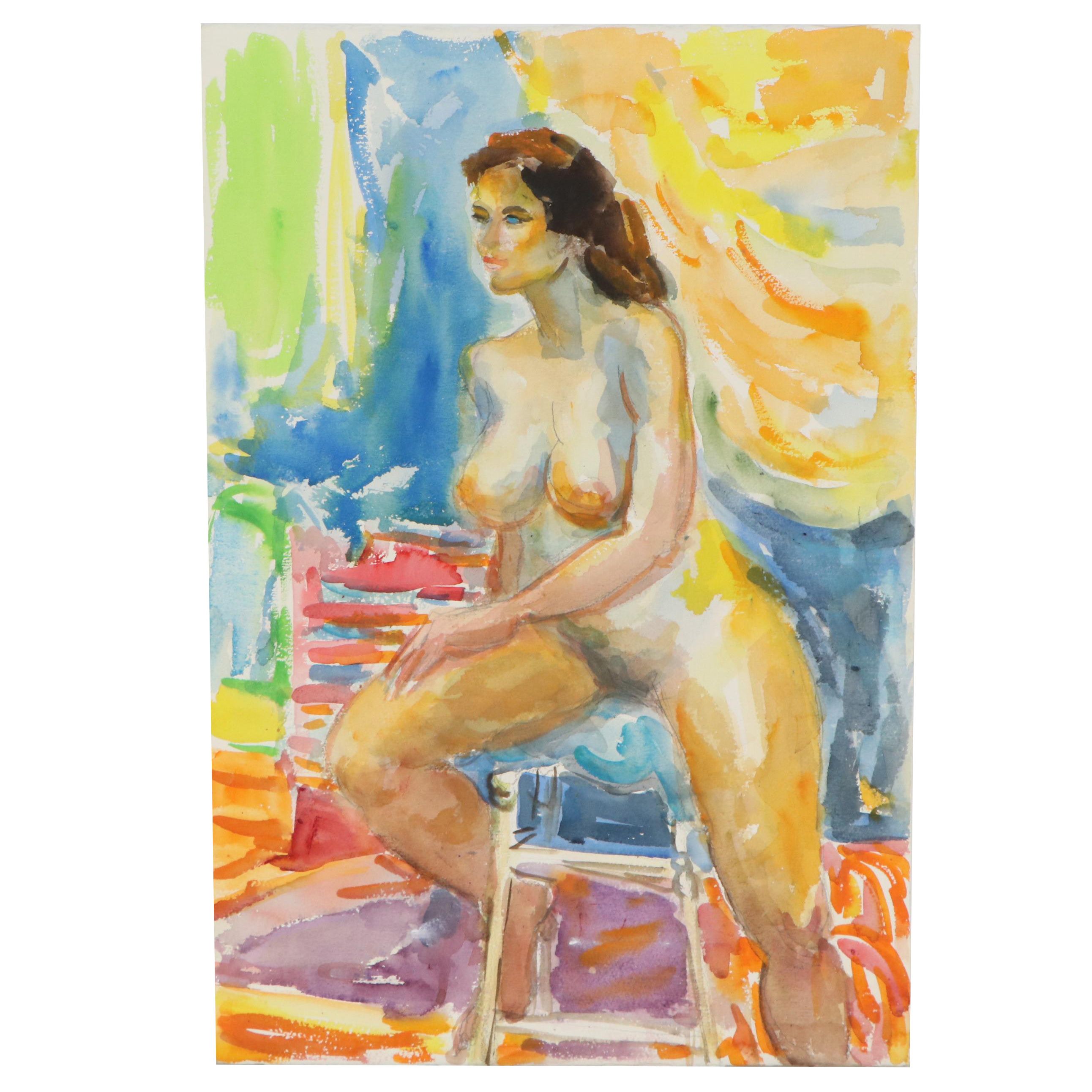 Yolanda Fusco Watercolor Painting Figure Study, Mid to Late 20th Century