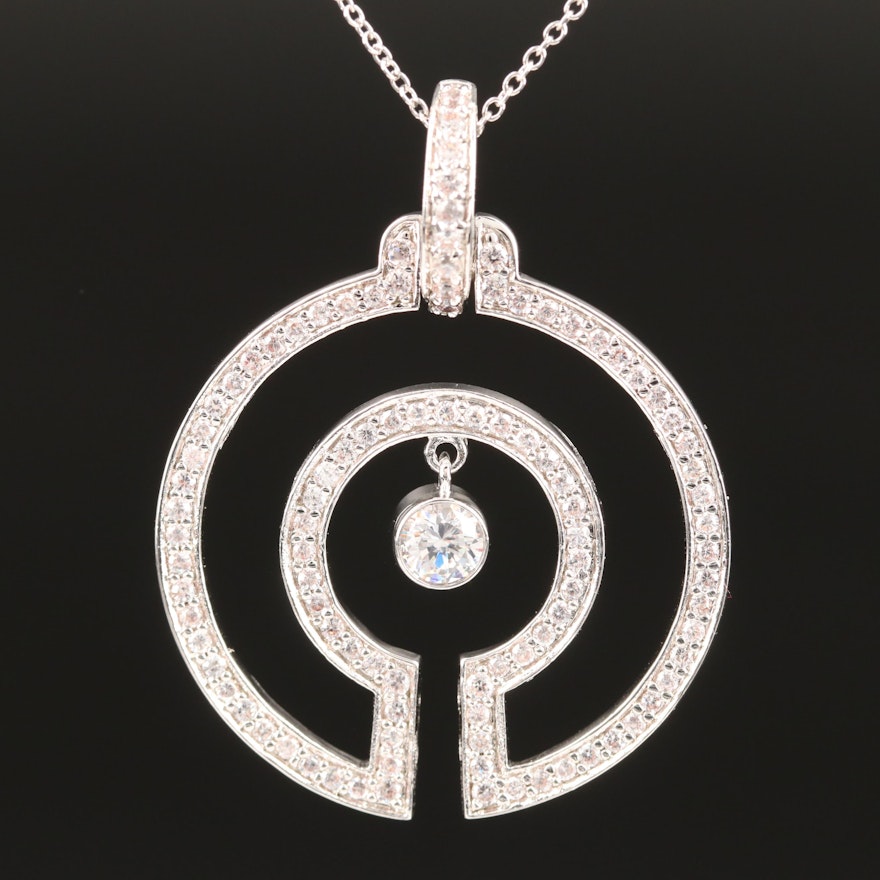 Sterling Cubic Zirconia Circular Pendant with Center Drop
