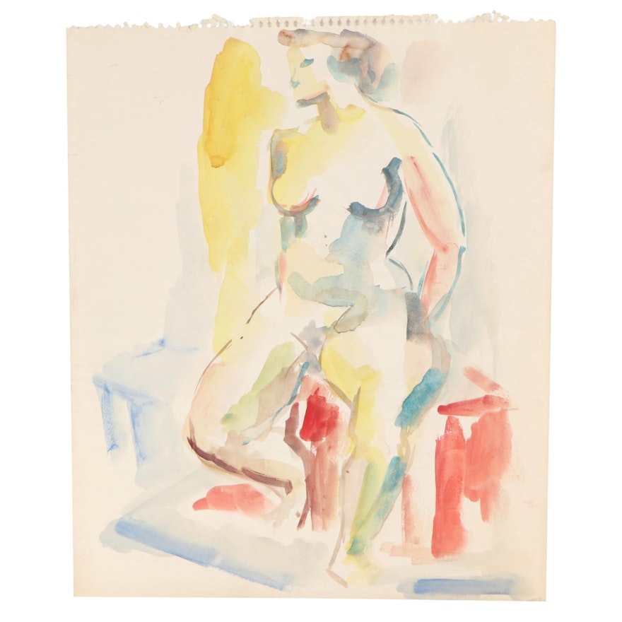 Yolanda Fusco Watercolor Painting Figure Study, Mid to Late 20th Century