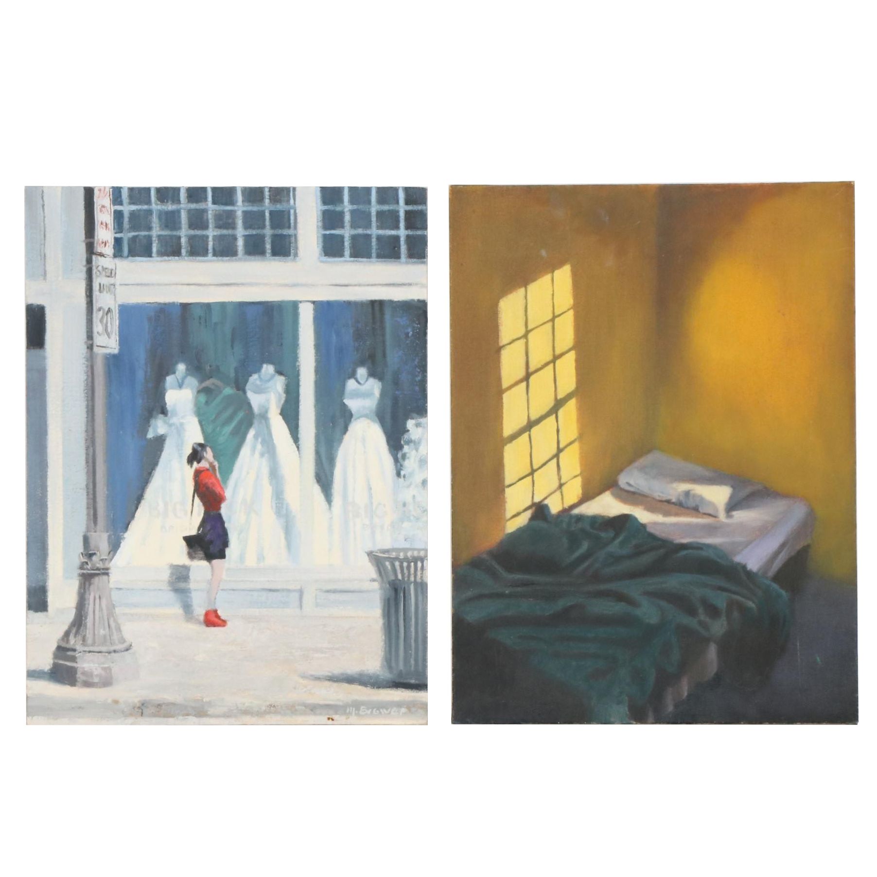 Marcus Brewer Oil Paintings of a Window Shopper and Bedroom, Early 21st Century