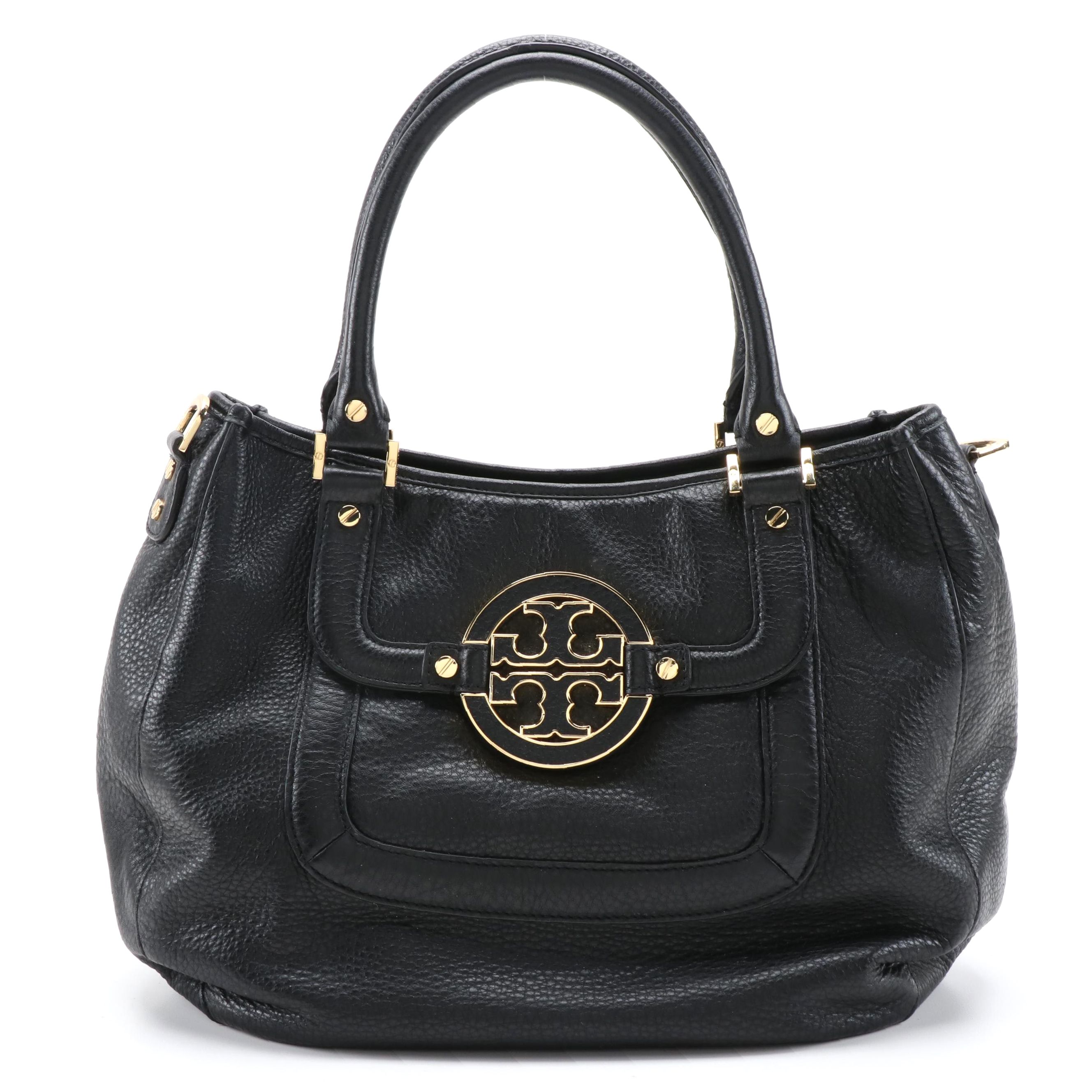 Tory Burch Logo Black Grained Leather Two-Way Bag