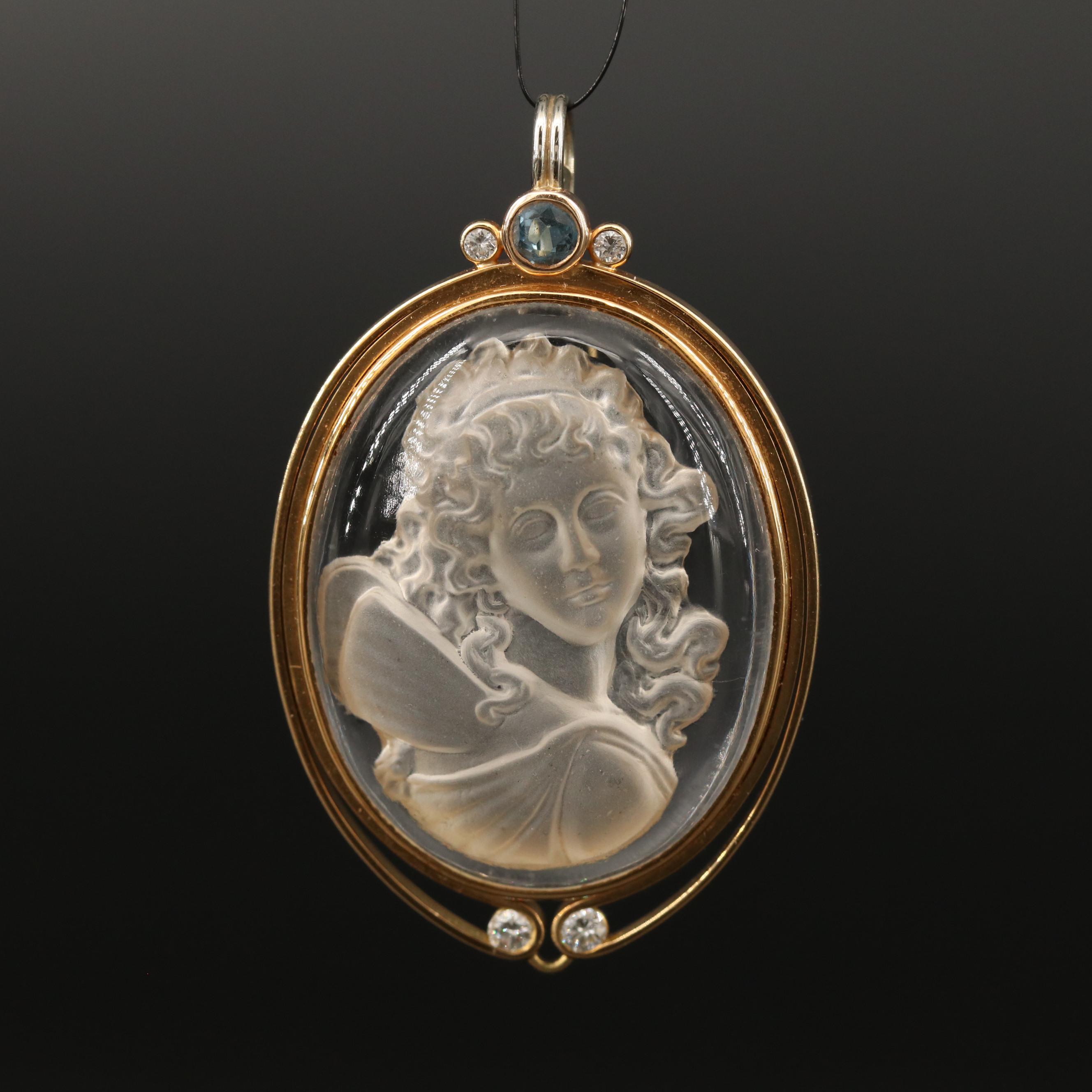 18K Reverse Carved Rock Crystal Quartz Cameo Pendant