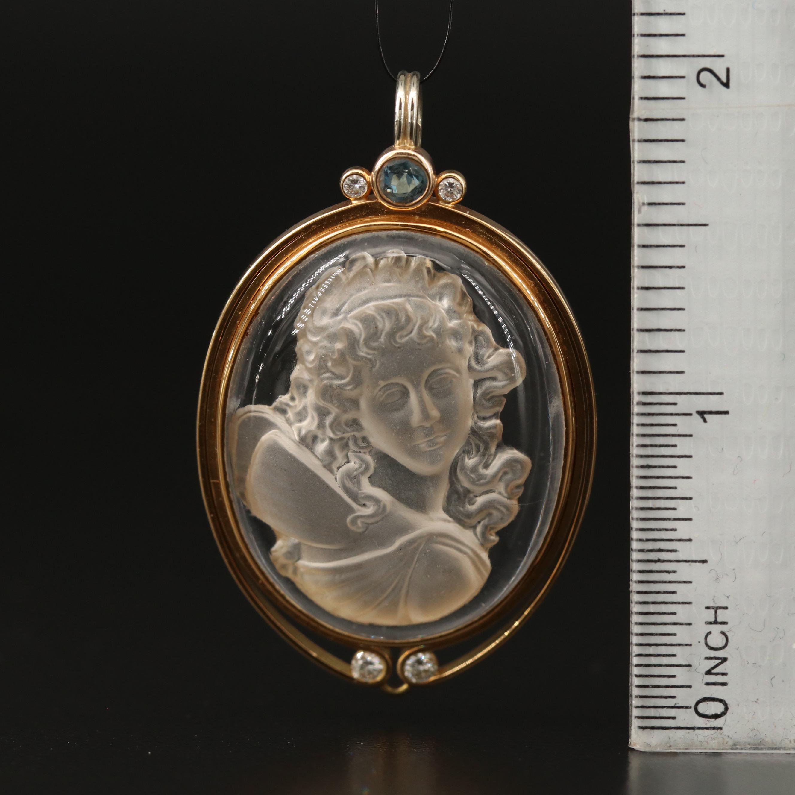 18K Reverse Carved Rock Crystal Quartz Cameo Pendant