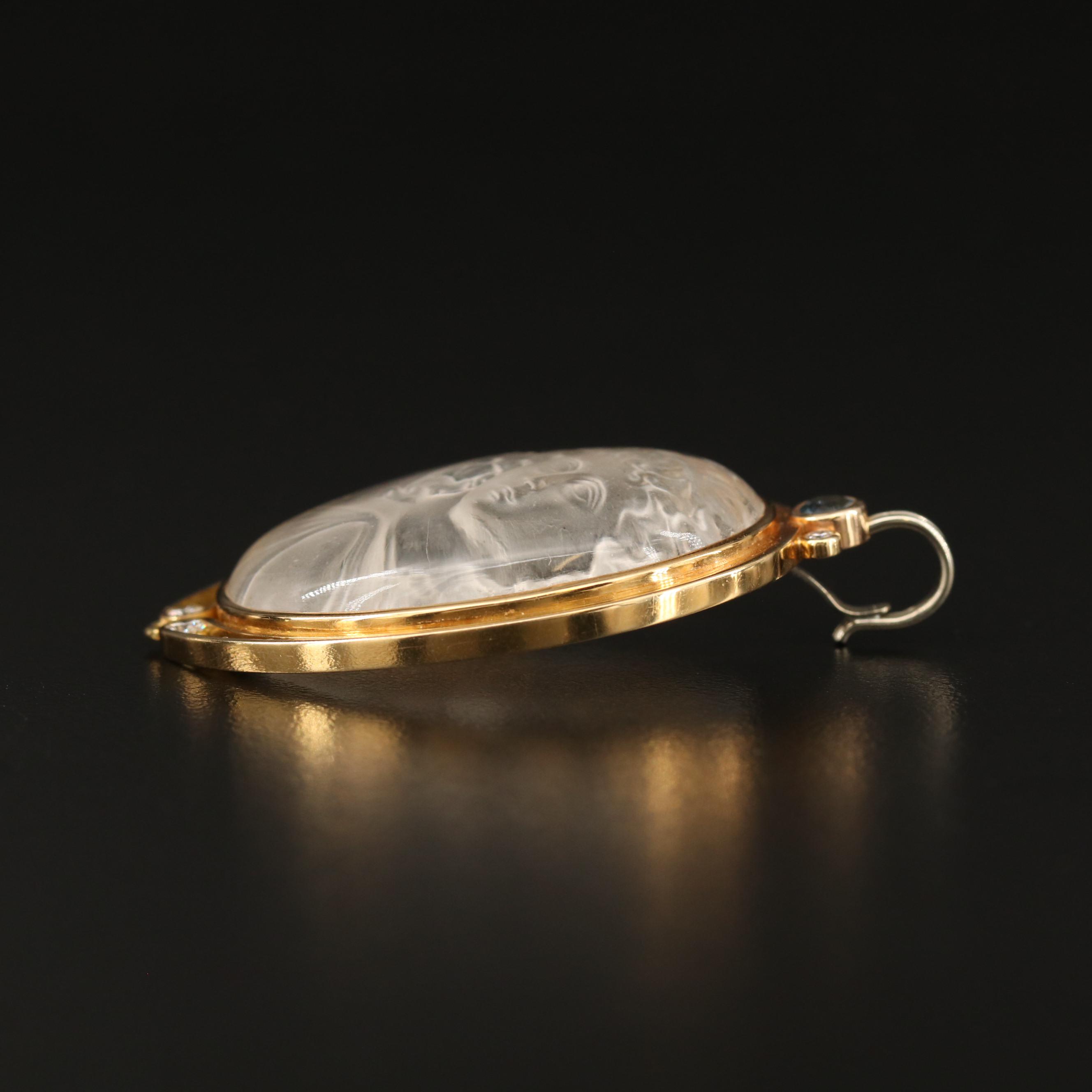 18K Reverse Carved Rock Crystal Quartz Cameo Pendant