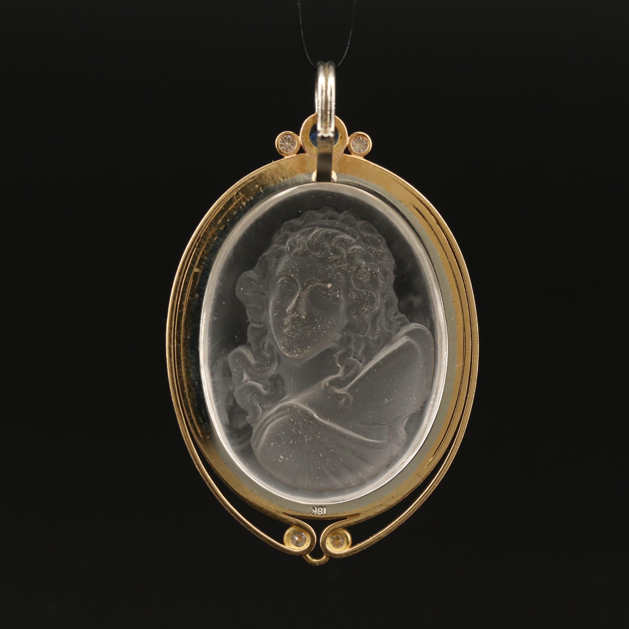 18K Reverse Carved Rock Crystal Quartz Cameo Pendant