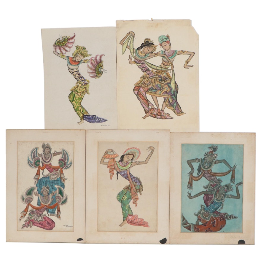 Balinese Dancers Tempera Paintings, 20th Century