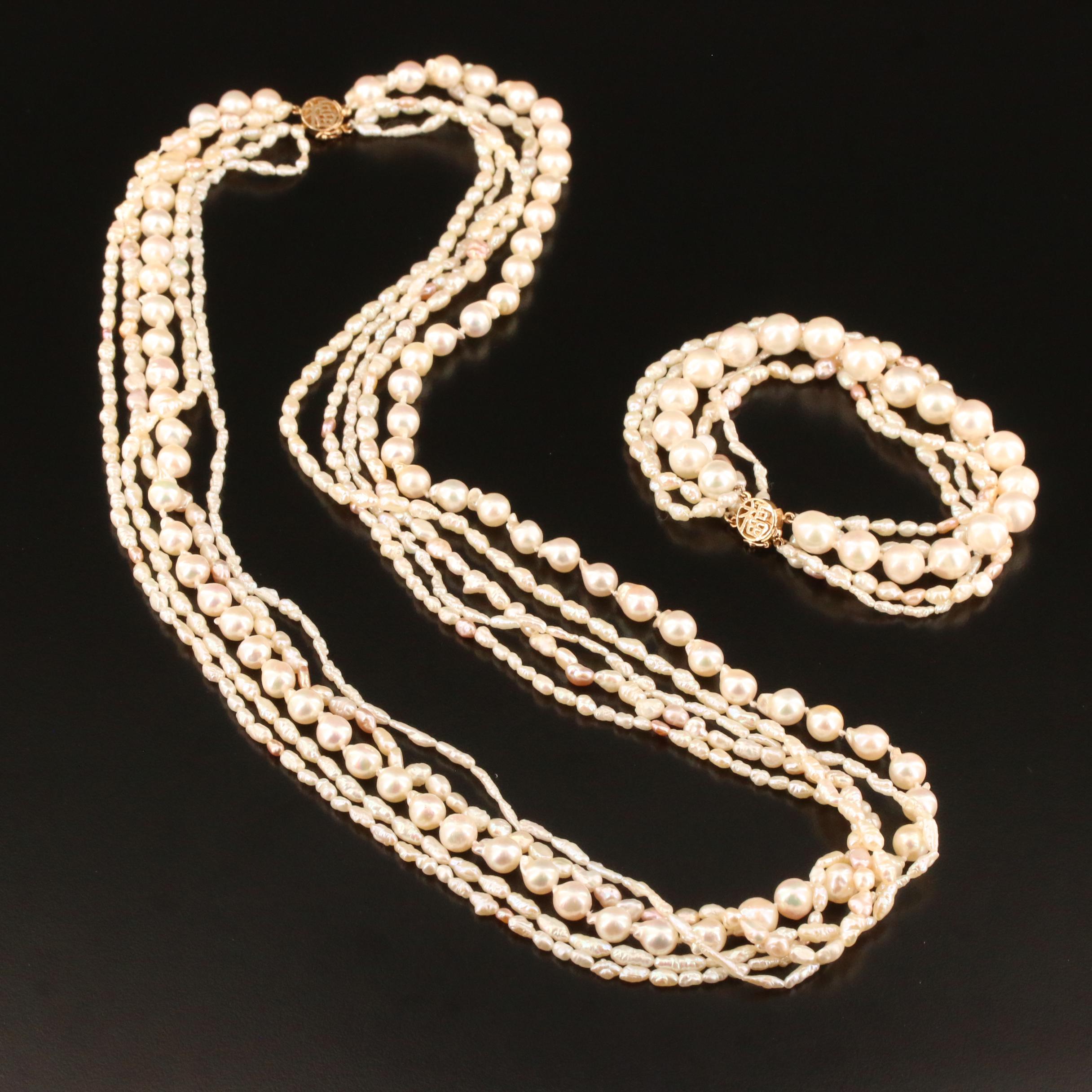 Multi-Strand Pearl Necklace and Bracelet with 14K Chinese "Good Fortune" Clasps