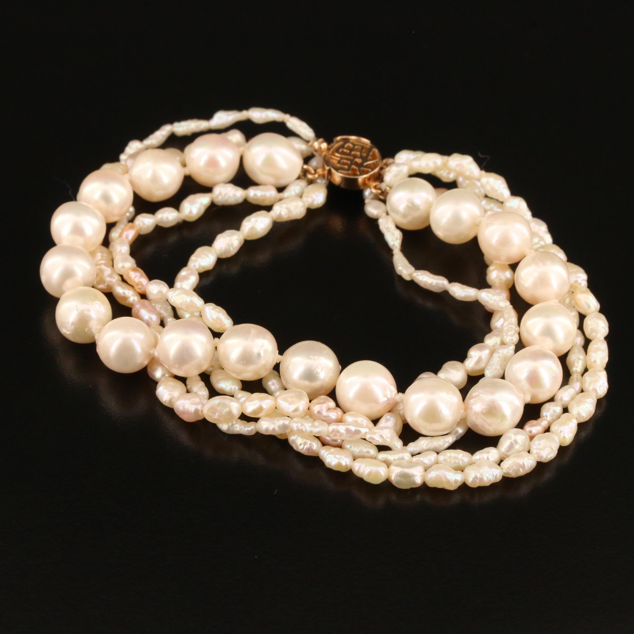 Multi-Strand Pearl Necklace and Bracelet with 14K Chinese "Good Fortune" Clasps