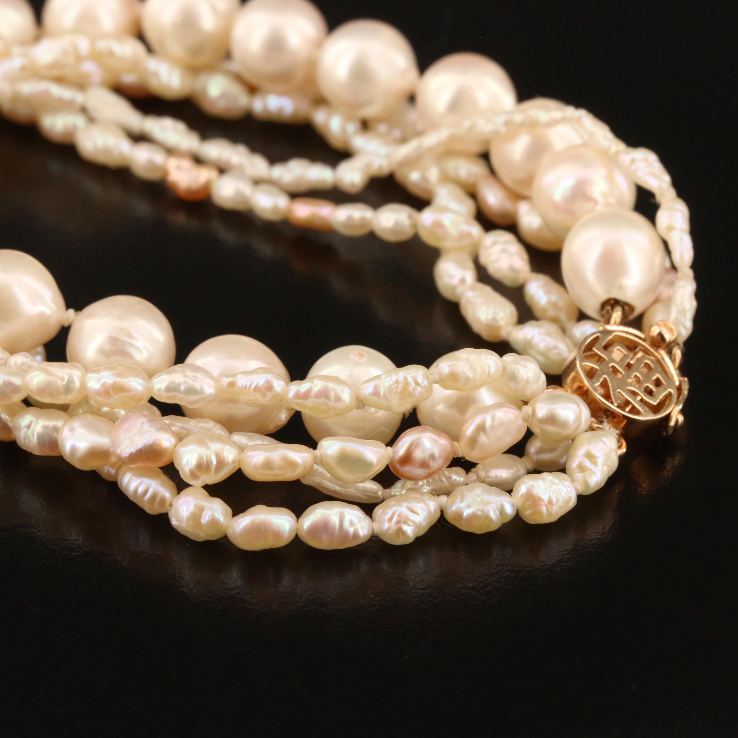 Multi-Strand Pearl Necklace and Bracelet with 14K Chinese "Good Fortune" Clasps