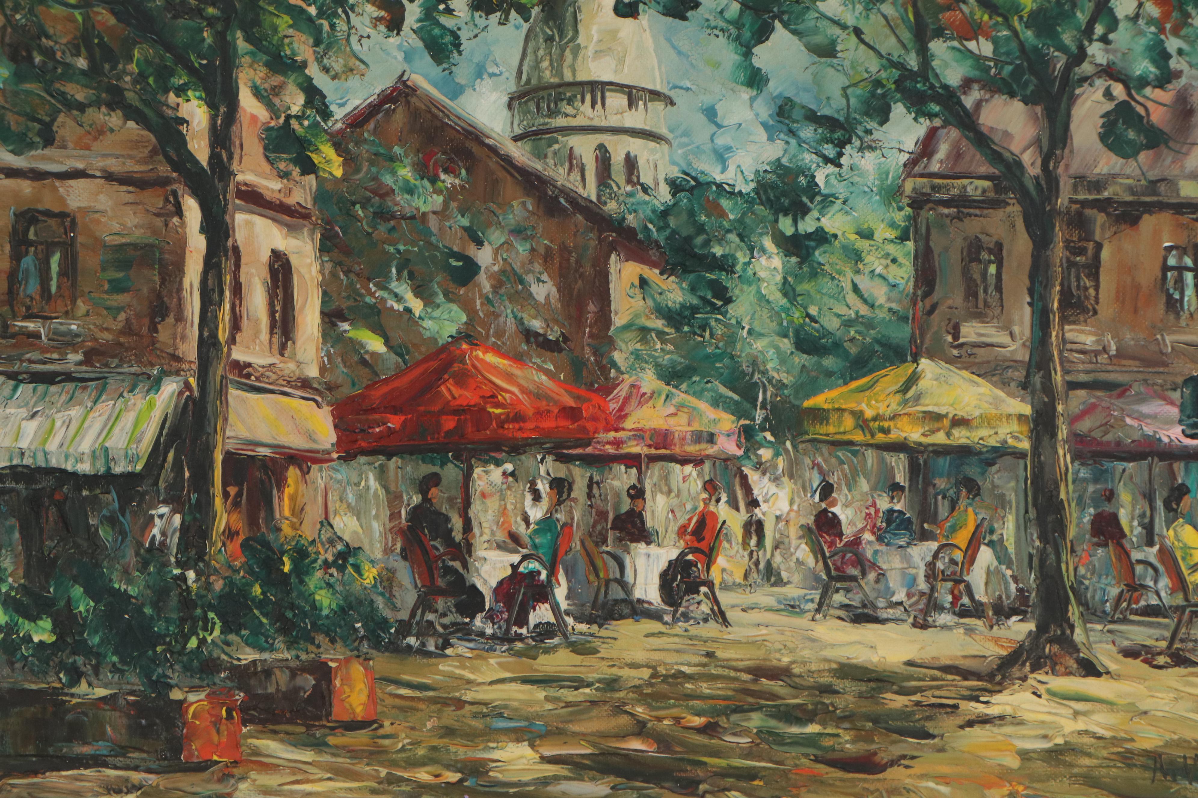 A. Valentin Parisian Outdoor Cafe Scene Oil Painting, Mid 20th Century
