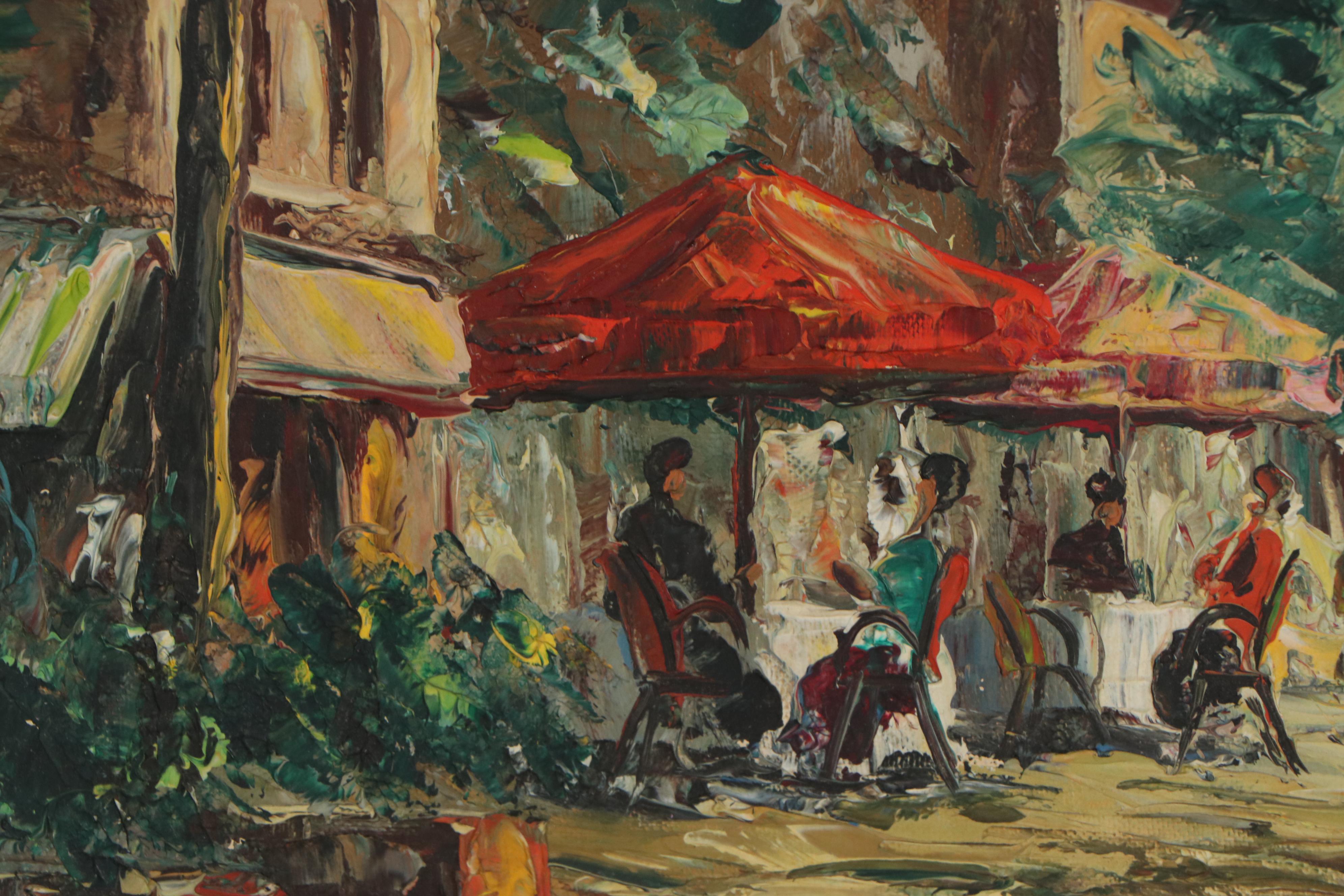 A. Valentin Parisian Outdoor Cafe Scene Oil Painting, Mid 20th Century
