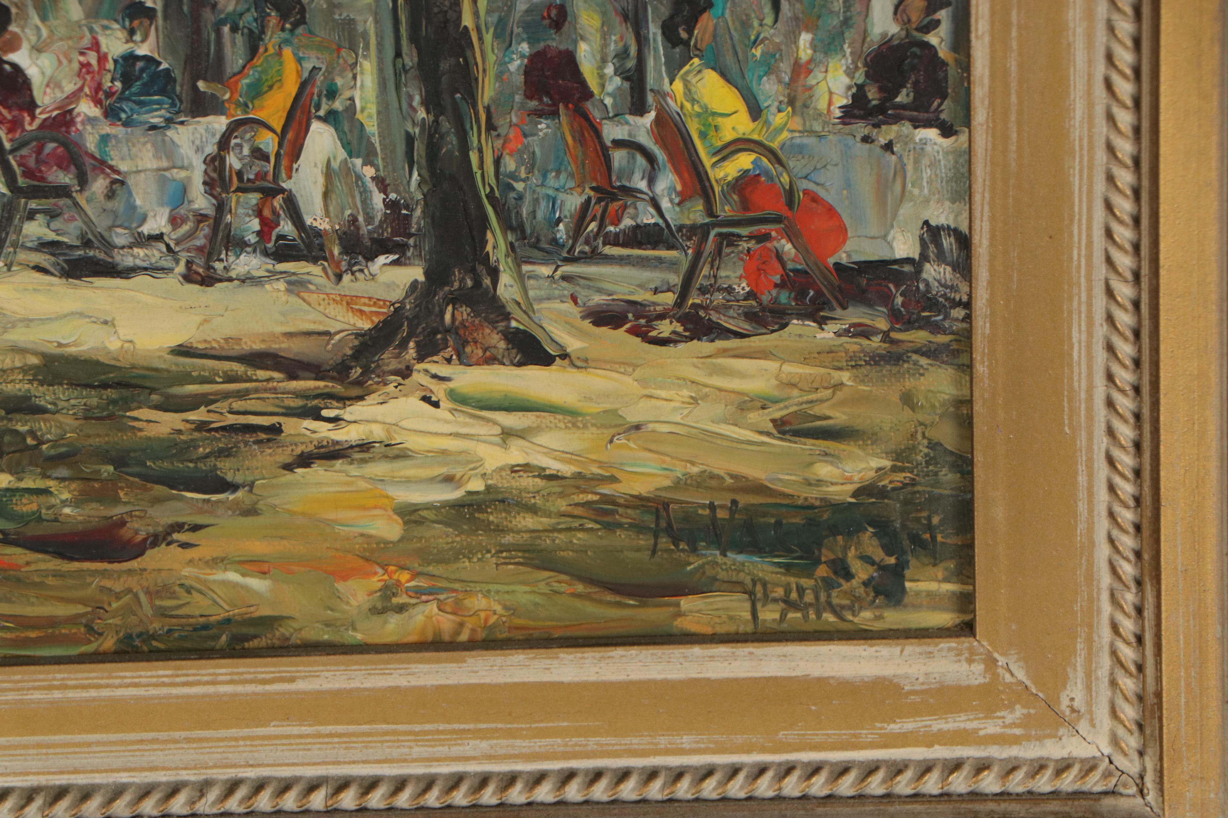A. Valentin Parisian Outdoor Cafe Scene Oil Painting, Mid 20th Century