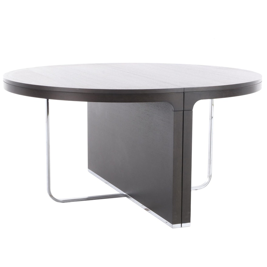 Contemporary Modern Ebonized Wood and Chrome Dining Table with Leaf Inserts