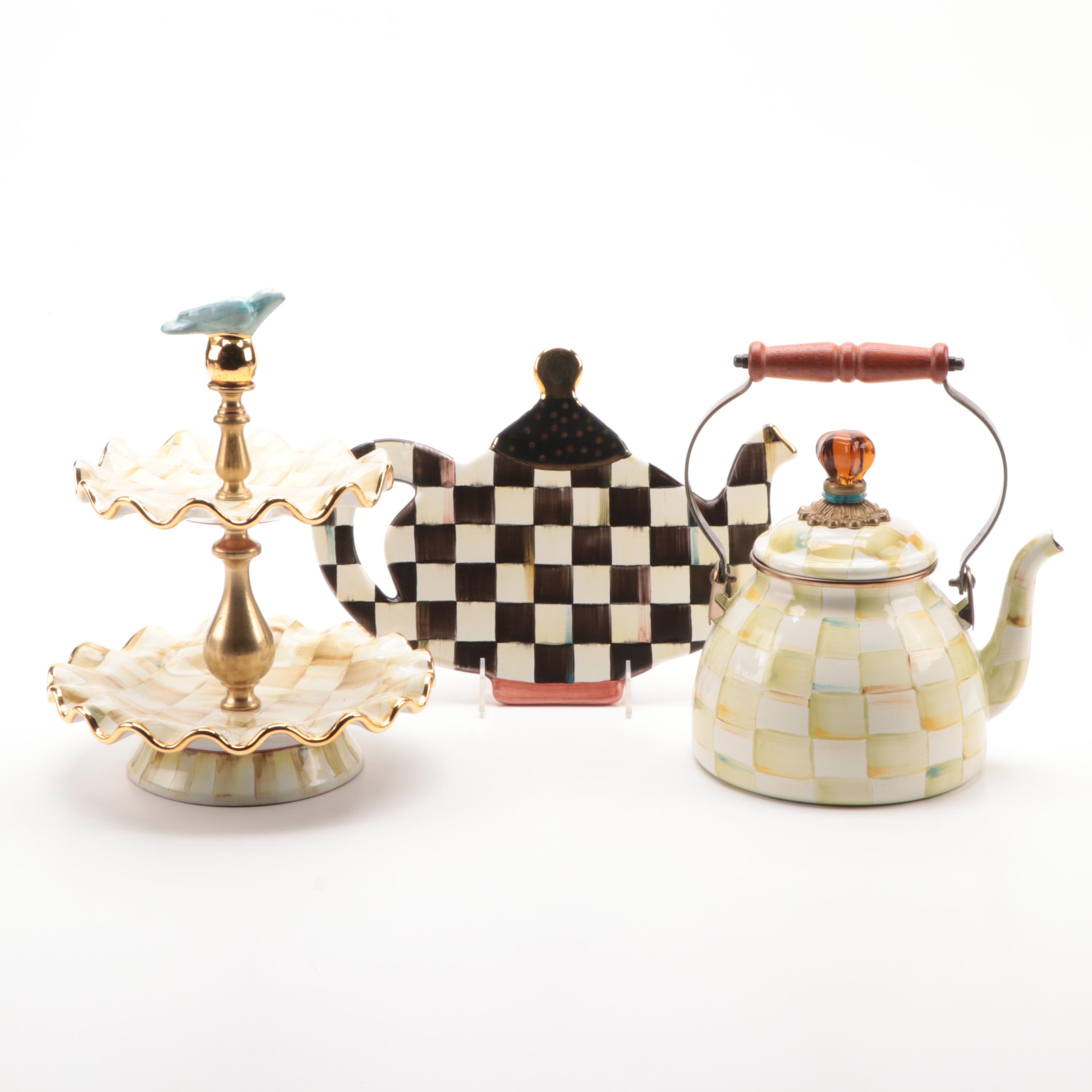 MacKenzie-Childs Enameled Metal Teapot with Tiered Serving Tray and Trivet