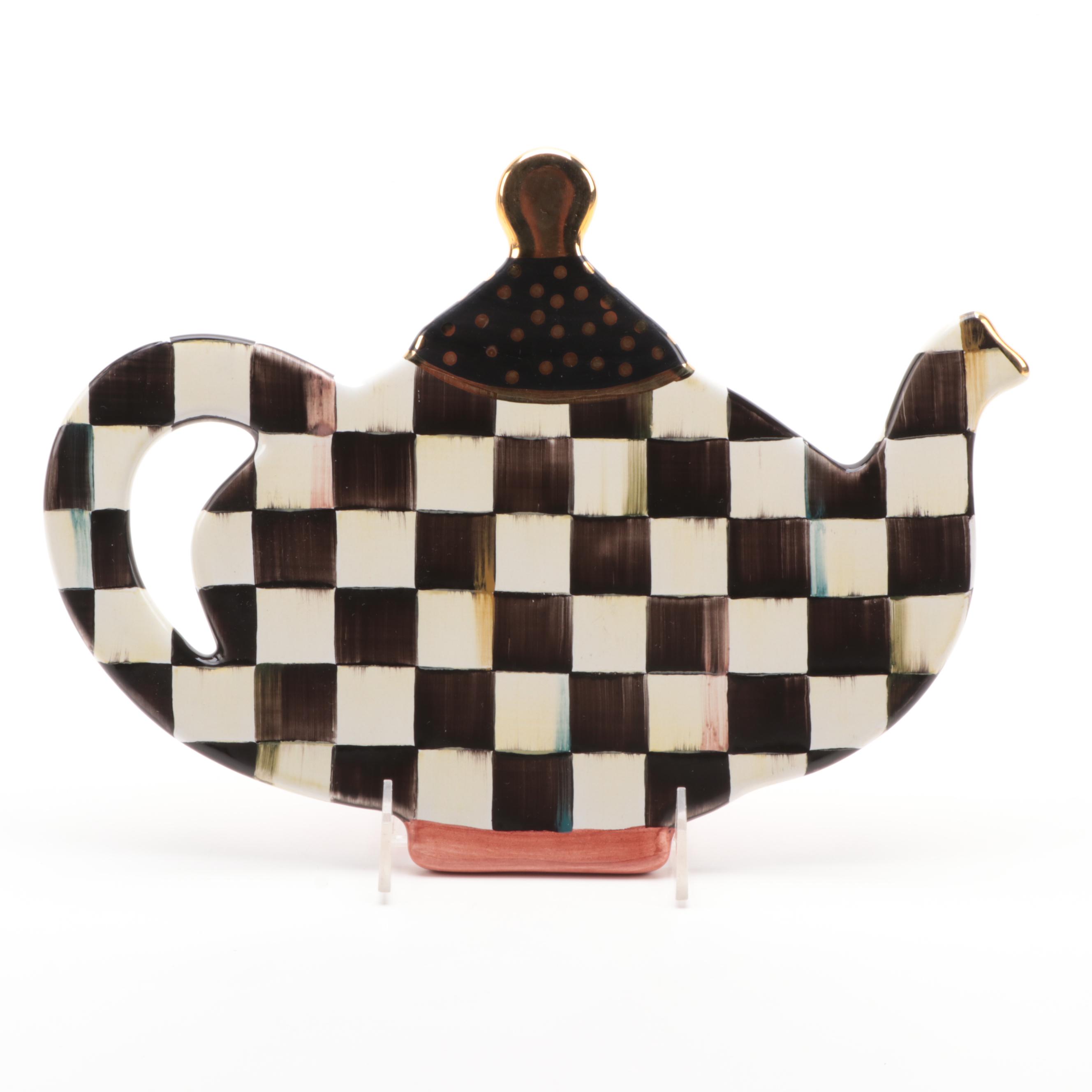 MacKenzie-Childs Enameled Metal Teapot with Tiered Serving Tray and Trivet