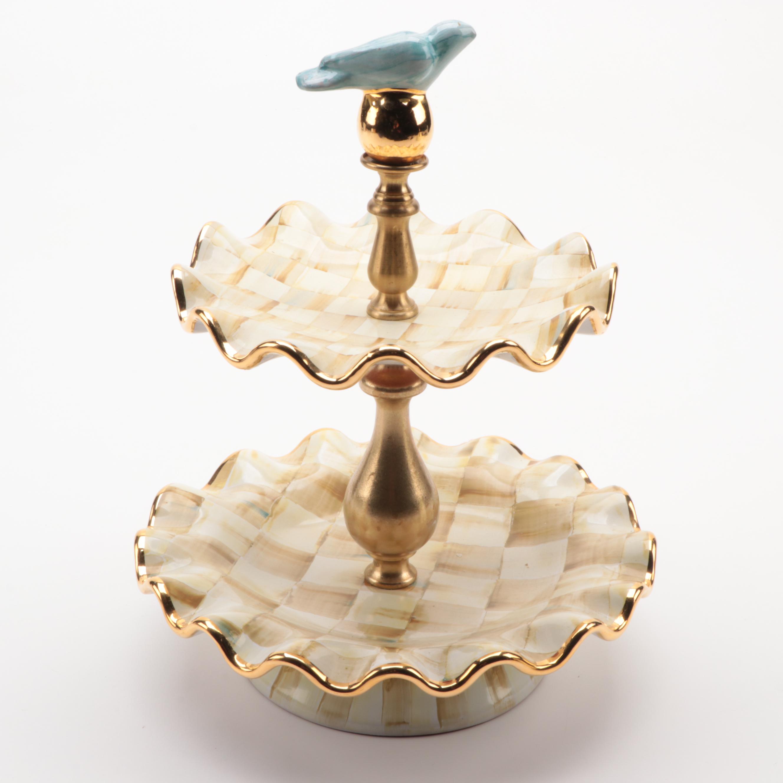 MacKenzie-Childs Enameled Metal Teapot with Tiered Serving Tray and Trivet