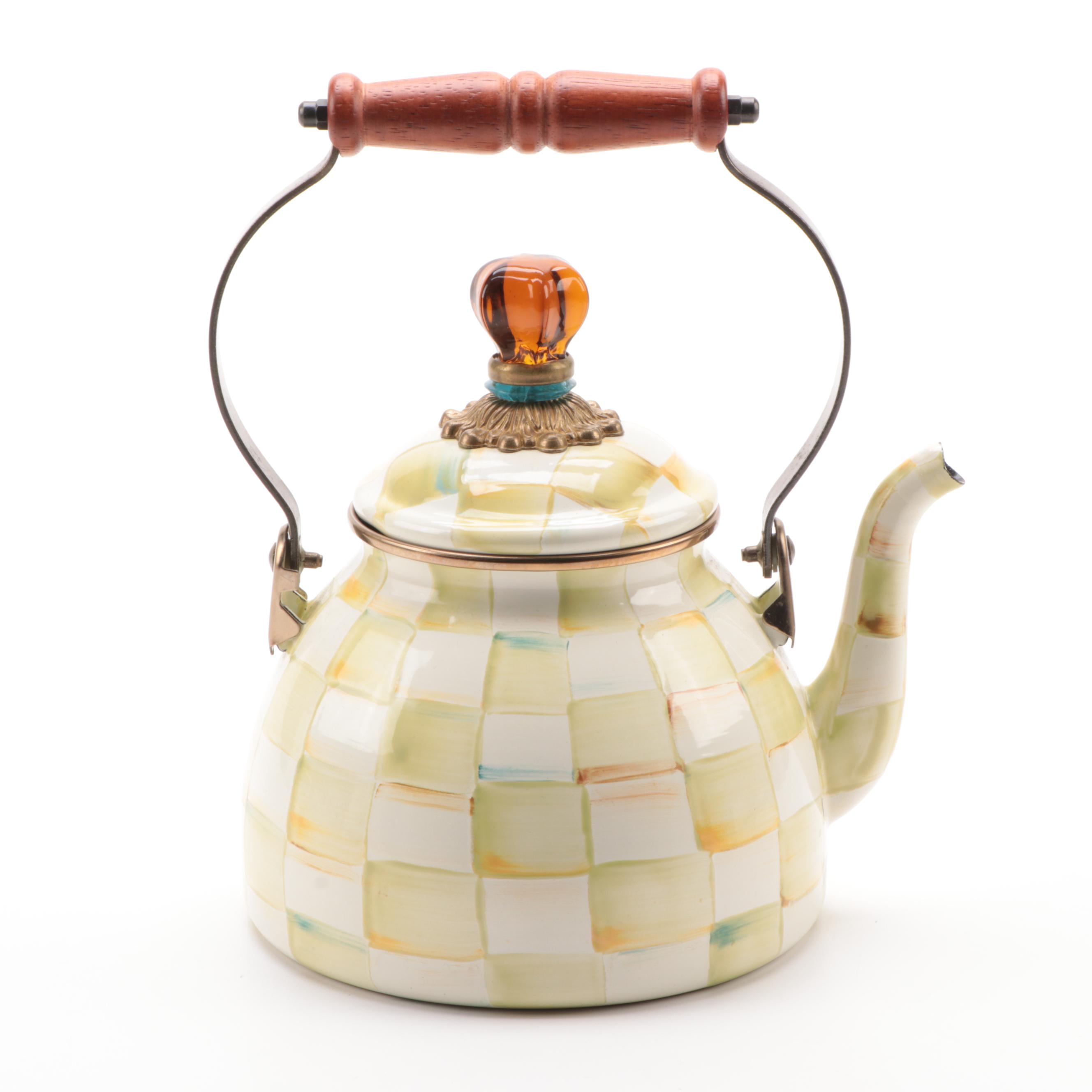 MacKenzie-Childs Enameled Metal Teapot with Tiered Serving Tray and Trivet