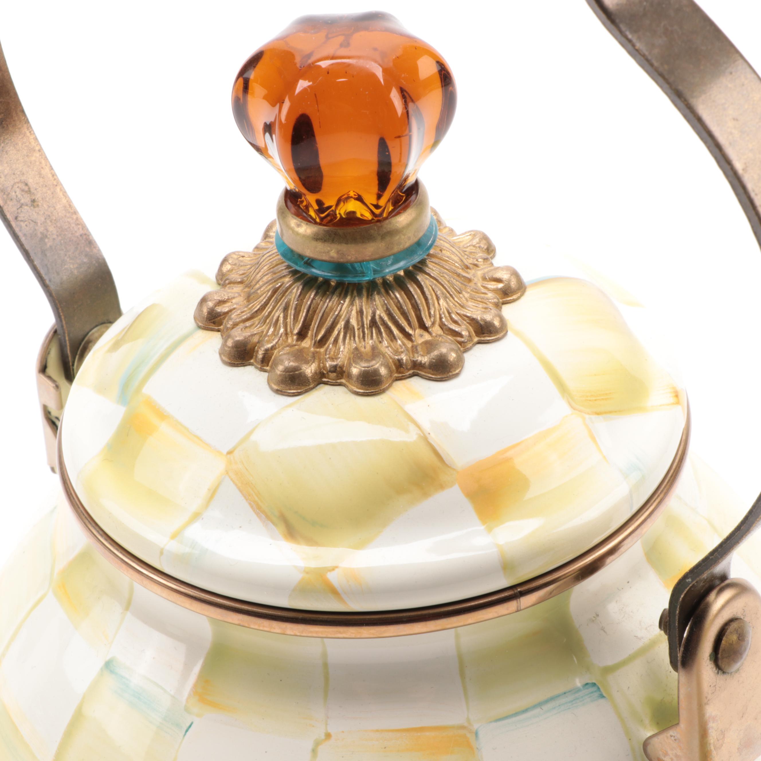 MacKenzie-Childs Enameled Metal Teapot with Tiered Serving Tray and Trivet