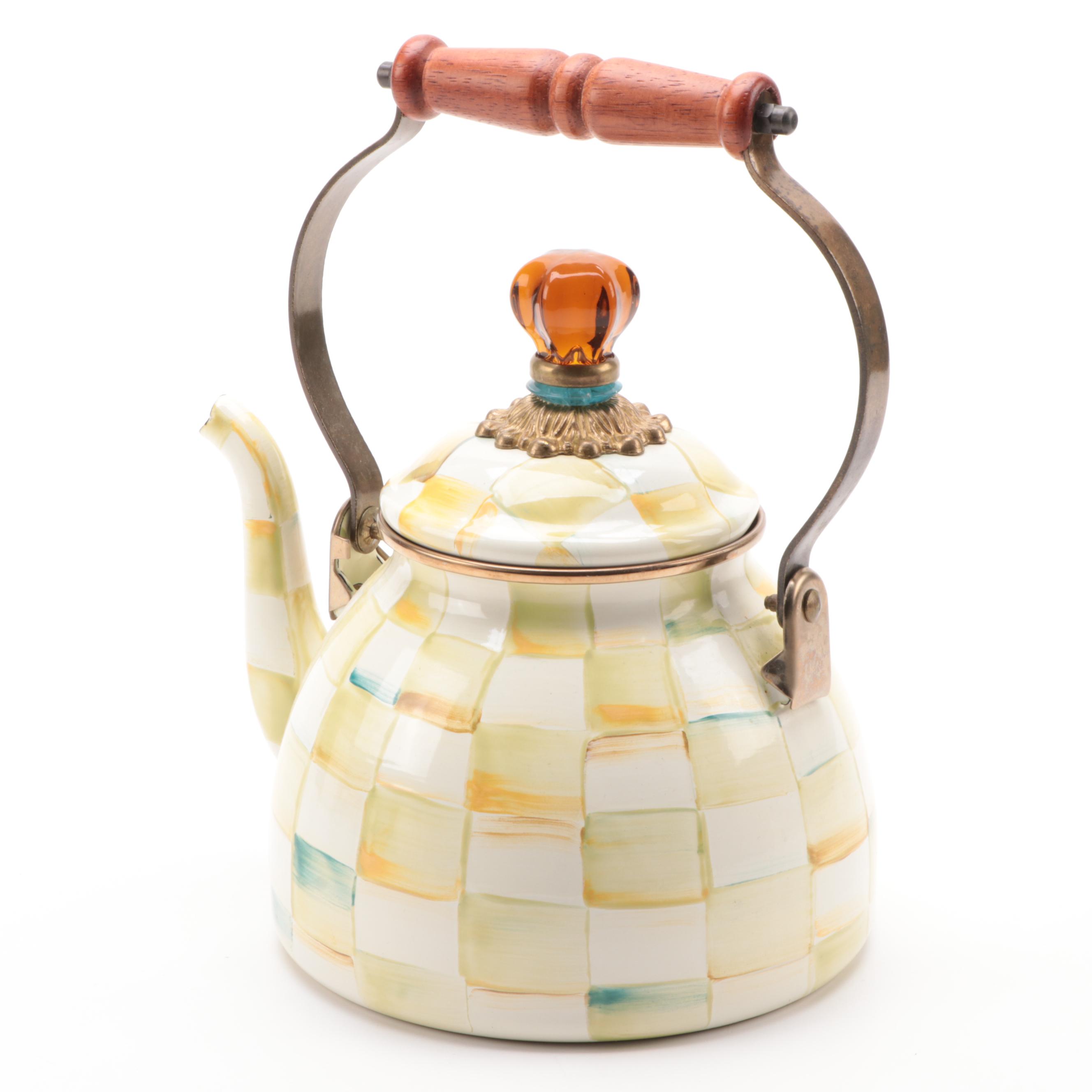 MacKenzie-Childs Enameled Metal Teapot with Tiered Serving Tray and Trivet