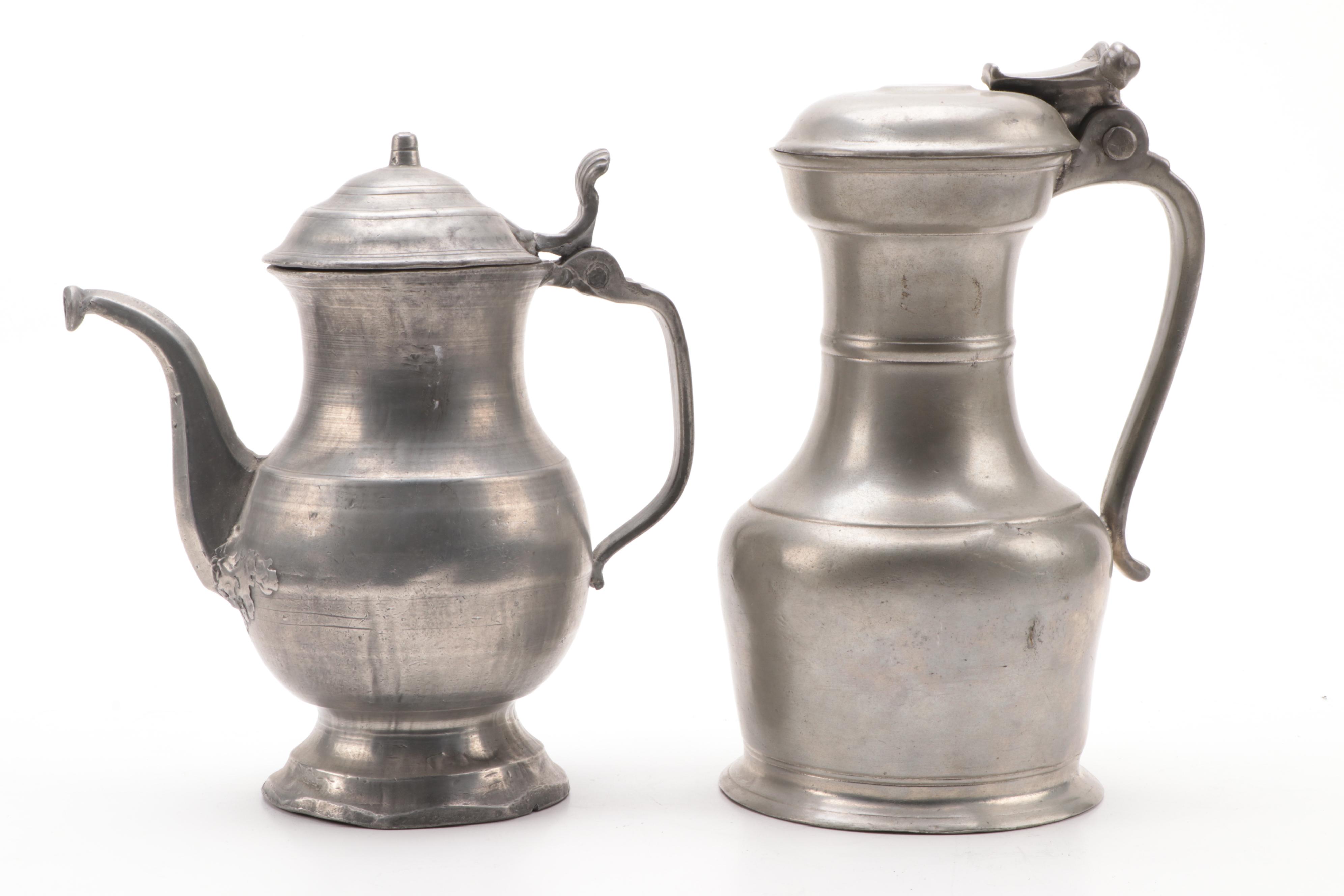 James Dixon and Son Pewter Creamer and Sugar with Other Pewter Kitchenware