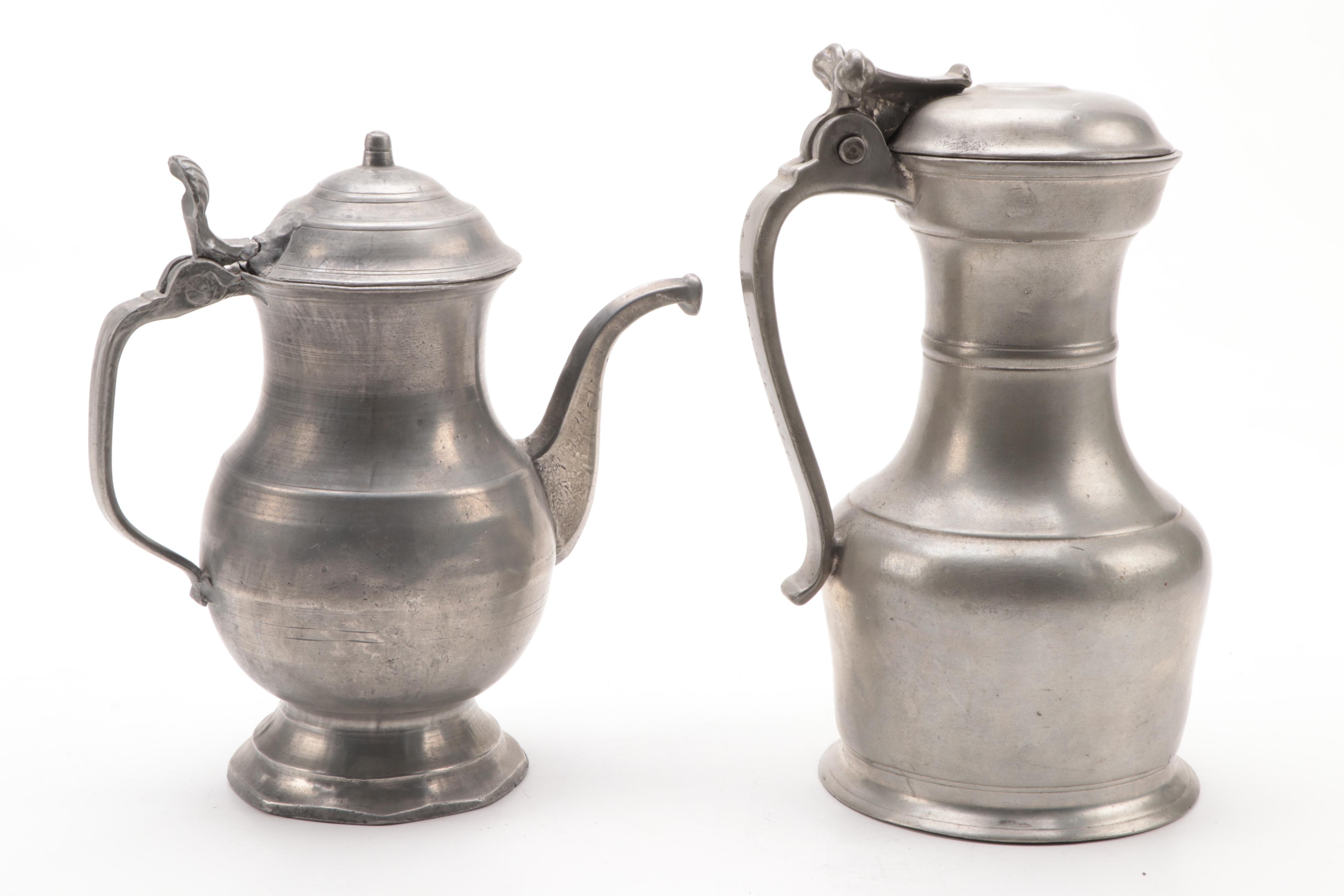 James Dixon and Son Pewter Creamer and Sugar with Other Pewter Kitchenware
