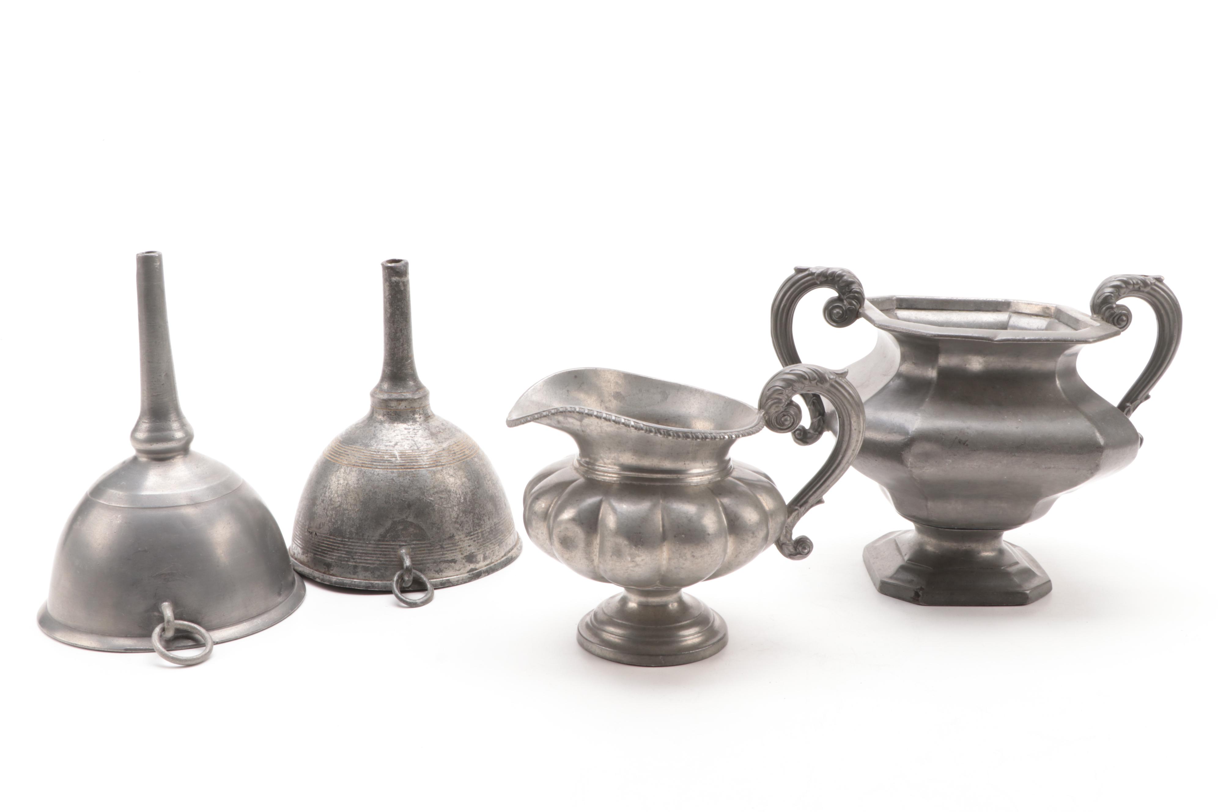 James Dixon and Son Pewter Creamer and Sugar with Other Pewter Kitchenware
